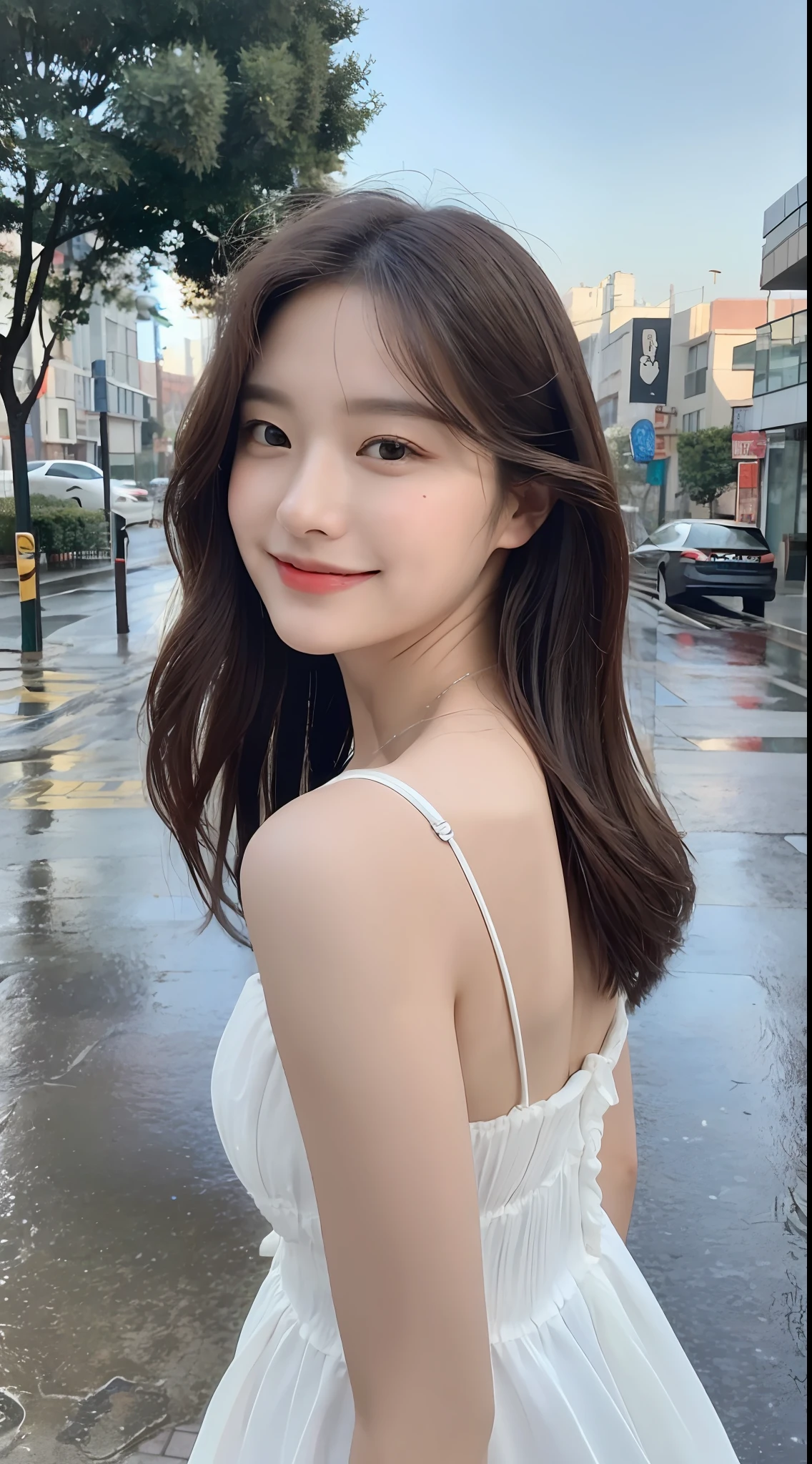 ((Best Quality, 8k, Masterpiece: 1.3)), Focus: 1.2, Perfect Body Beauty: 1.4, Buttocks: 1.2, (Layered Haircut: 1.2)), (Rain, Street:1.3), Bandeau Dress: 1.1, Highly Detailed Face and Skin Texture, Fine Eyes, Double Eyelids, Whitened Skin, Long Hair, (Round Face: 1.5), Smile