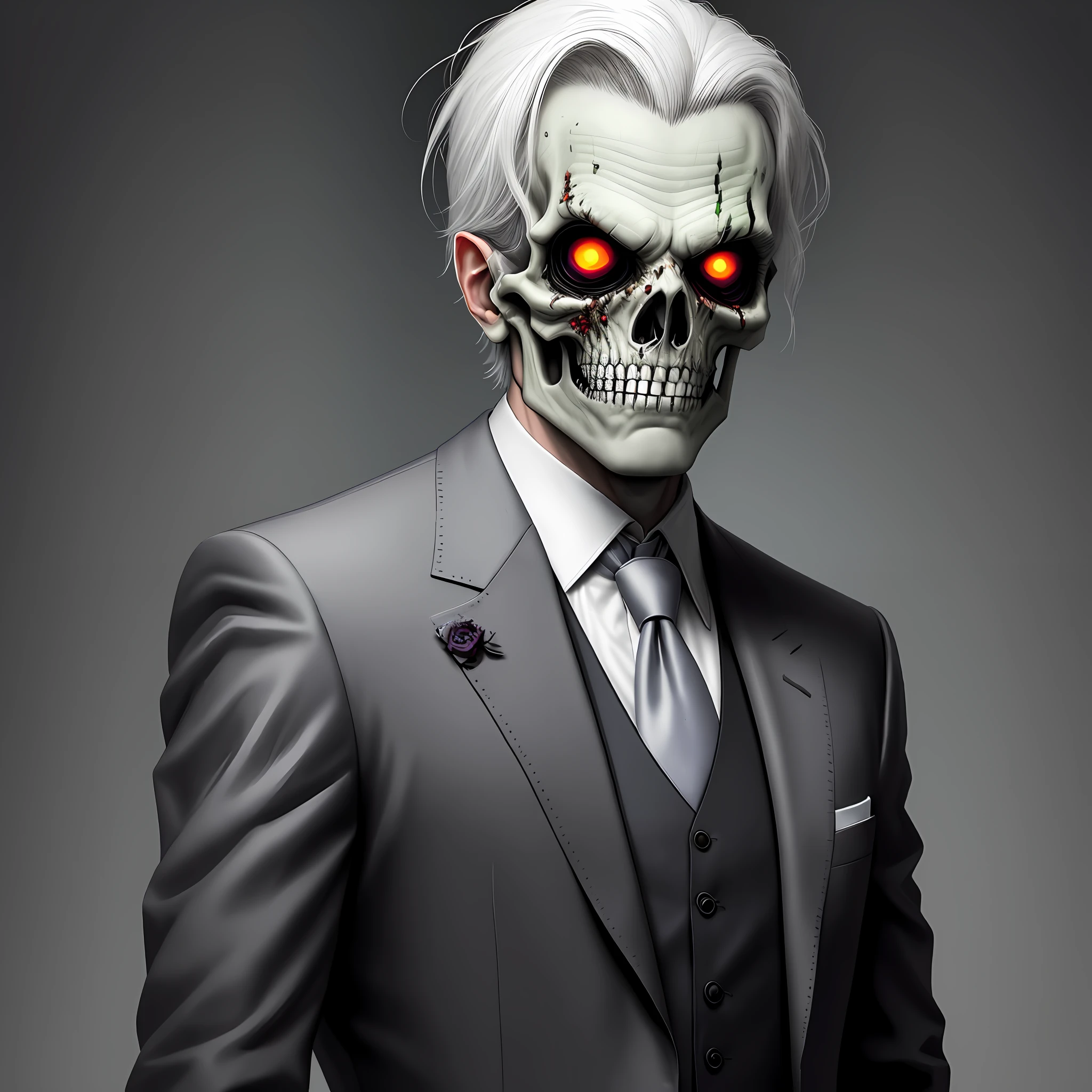 there is a man in a suit and tie with a zombie face, zombie with white eyes, portrait of a zombie, undead. highly detailed, zombie in horror concept art, portrait of a necromancer, evil zombie, undead facial features, undead, cyborg zombie, skeleton in a suit, portrait of the necromancer, dark but detailed digital art