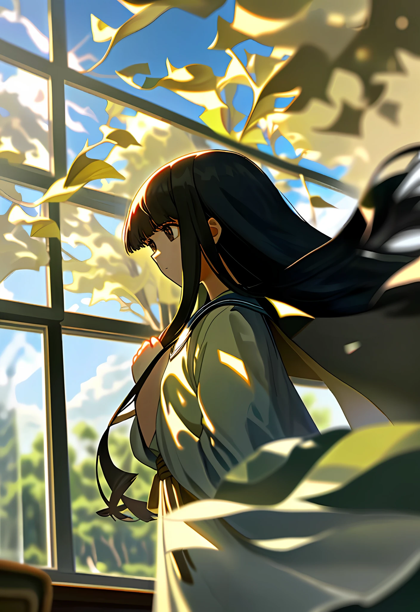 (Black Long Straight Hair: 1.3, Girls, Classroom, Natural Light, Sycamore Tree Reflection Outside Window, Floating Cloud Shadow, Blurred Background, Static Angle: 0.8)