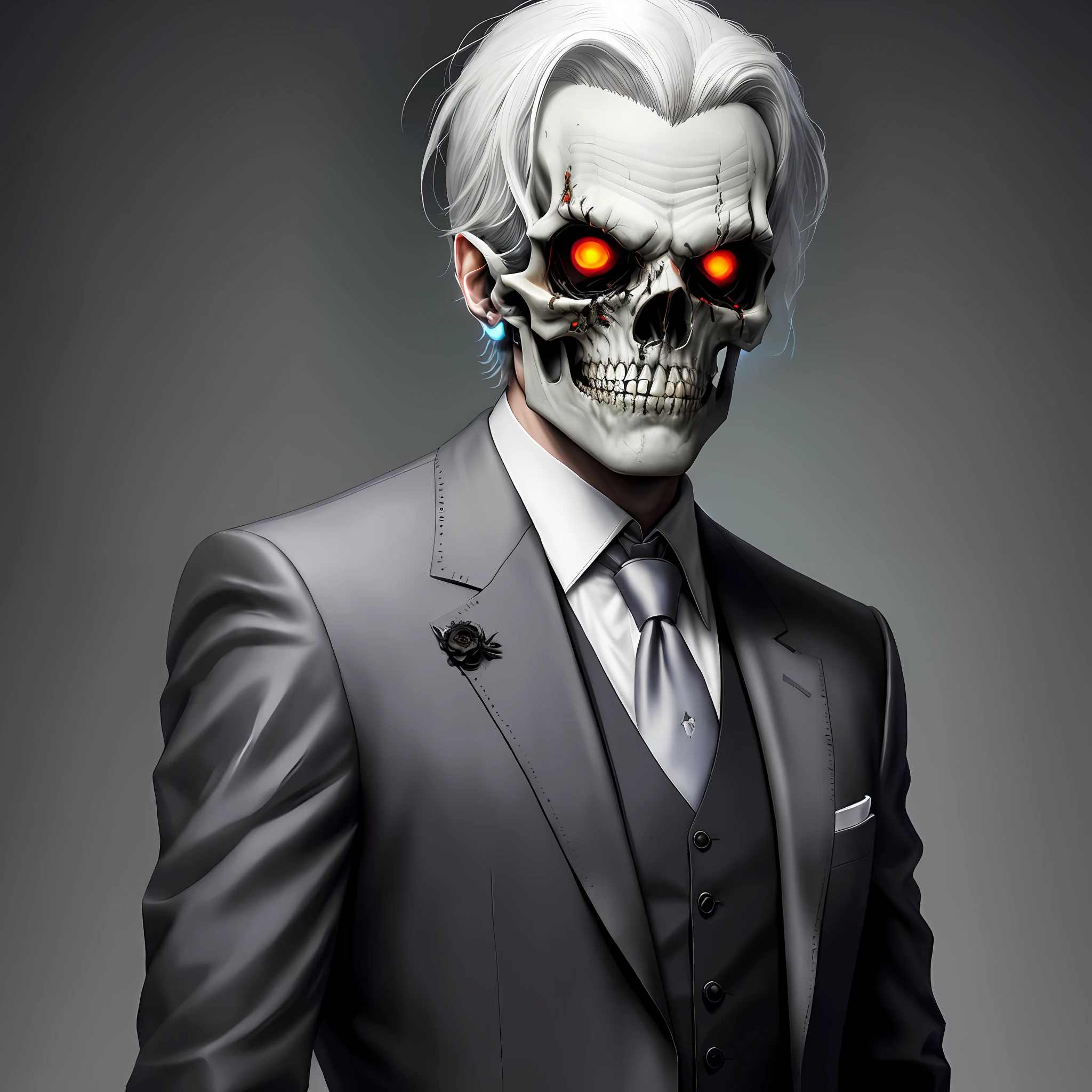 arafed man in a suit with a white hair and a skull face, skeleton in a suit, beautiful male god of death, skull face, horrific digital art, dark but detailed digital art, background artwork, epic portrait of menacing, his head is a skull, the head of the man is a skull, amazing portrait of viego, skull head