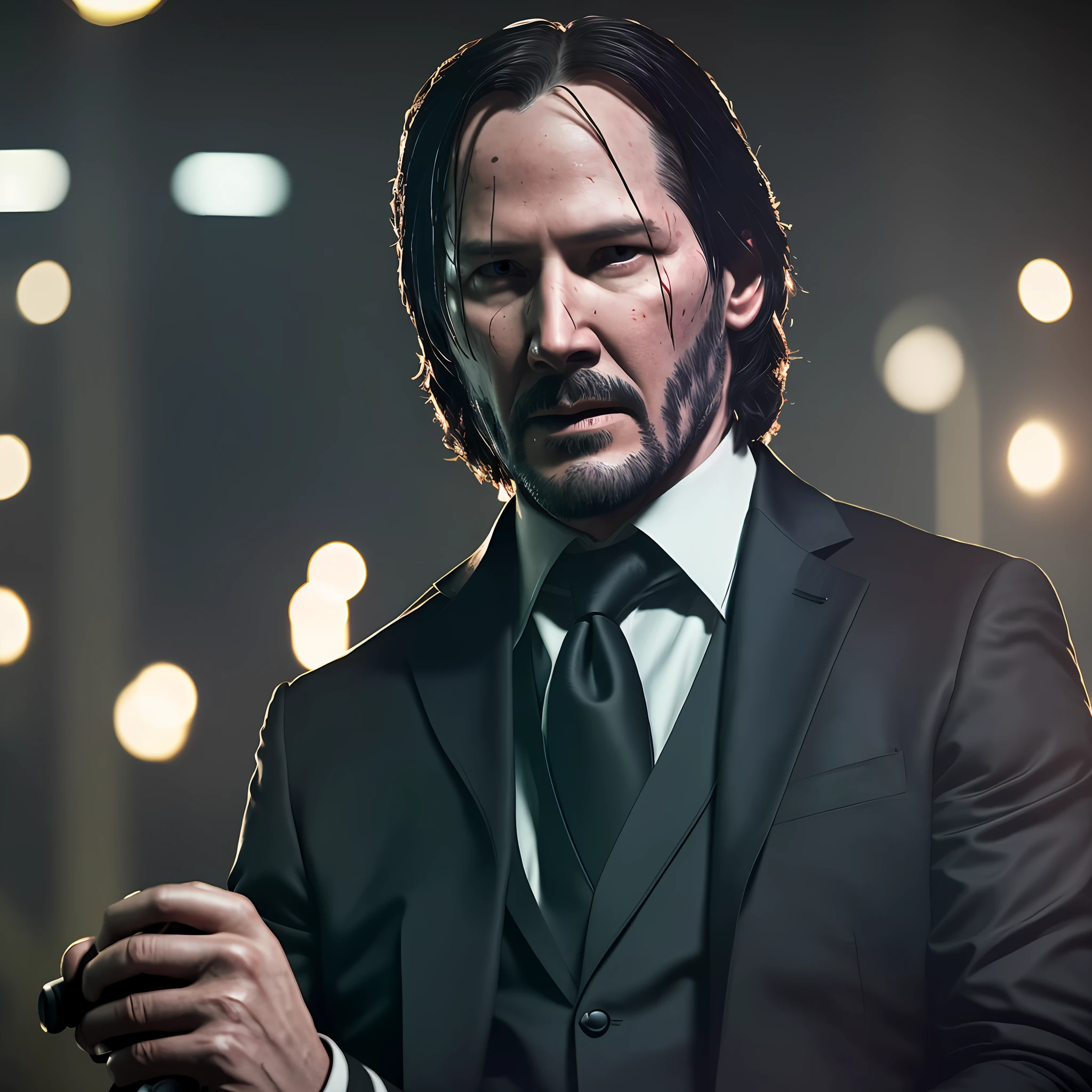 John wick His spirit sitting to his death body, cinematic lighting hyper realistic super details skin texture is very detail hair is very detail face looks like John wick,sun rise Time,John wick is death,
