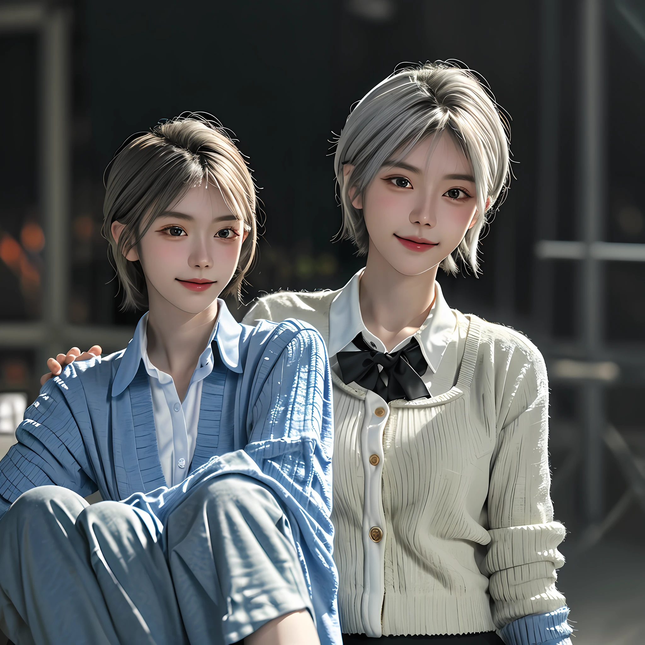 (RAW photo, top quality), (realistic, realistic: 1.3), masterpiece, very delicate and beautiful, very detailed, CG, unity, 2k wallpaper, amazing, fine detail, light smile, highly detailed CG unity 8k wallpaper, huge file size, very detailed, high resolution, absurd, soft light, ((short hair:1.3), short hair, silver hair, floating hair novafrogstyle), beautiful detailed girl, detailed fingers, very detailed eyes and face, Beautiful detailed nose, beautiful detailed eyes, long eyelashes, light on the face, looking at the beholder, (closed mouth: 1.2), 1 girl, cute, young, mature face, (full body: 1.3), realistic face, realistic body, beautiful detail thighs, (ulzzang-6500-v1.1:0.8), school uniform, cross-lace clothing, collared shirt, open clothes, school, open cardigan, black thighs,underwear
