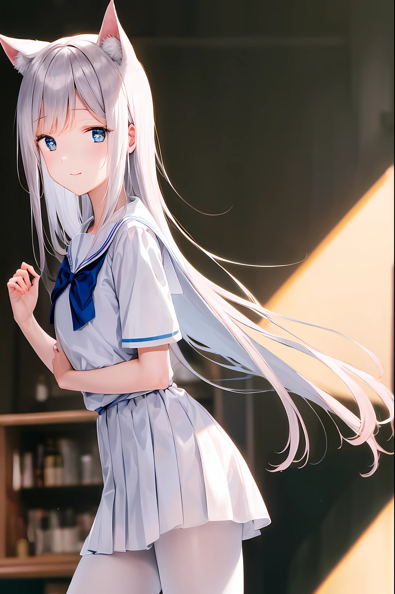 (Masterpiece, Top Quality, Best Quality, Official Art, Beauty and Aesthetics: 1.2), A Girl, Lori, Young Girl, Frontal, Frontal Photo, Hands Hidden Behind Back, Back Hands, Cat's Ears, Blue Eyes, Long Hair, White Hair, Standing, Sailor Suit, Blue Bow Tie, White Sailor Suit, White Blouse, Gray Pleated Skirt, Smile, White Tights, Blurred Background