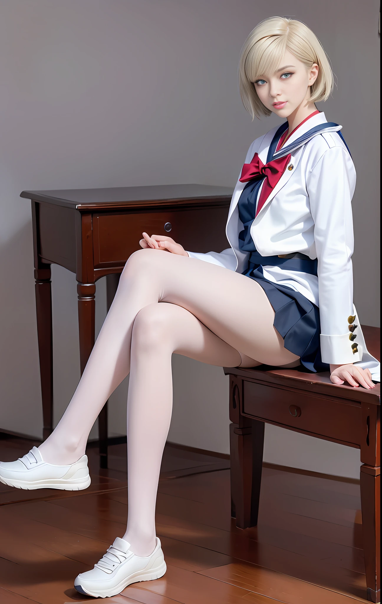 1girl, (8k, RAW photo, best quality, masterpiece:1.2), (realistic, realistic:1.37), solo, ultra-detailed, white pantyhose, long lens, beautiful background, japanese school uniform, full body, realistic eye and face details, natural skin texture, full body, (school: 1.4), sneakers, detailed face, movie lighting, realism, realistic background, realistic lighting, angular beauty, thin ankle, school background, gyaru, sports club, short hair, blonde dye, perfect body proportions, domineering posture, angry expression, earrings, sexy makeup ((show thighs)|( Show calves)), ((1girl))