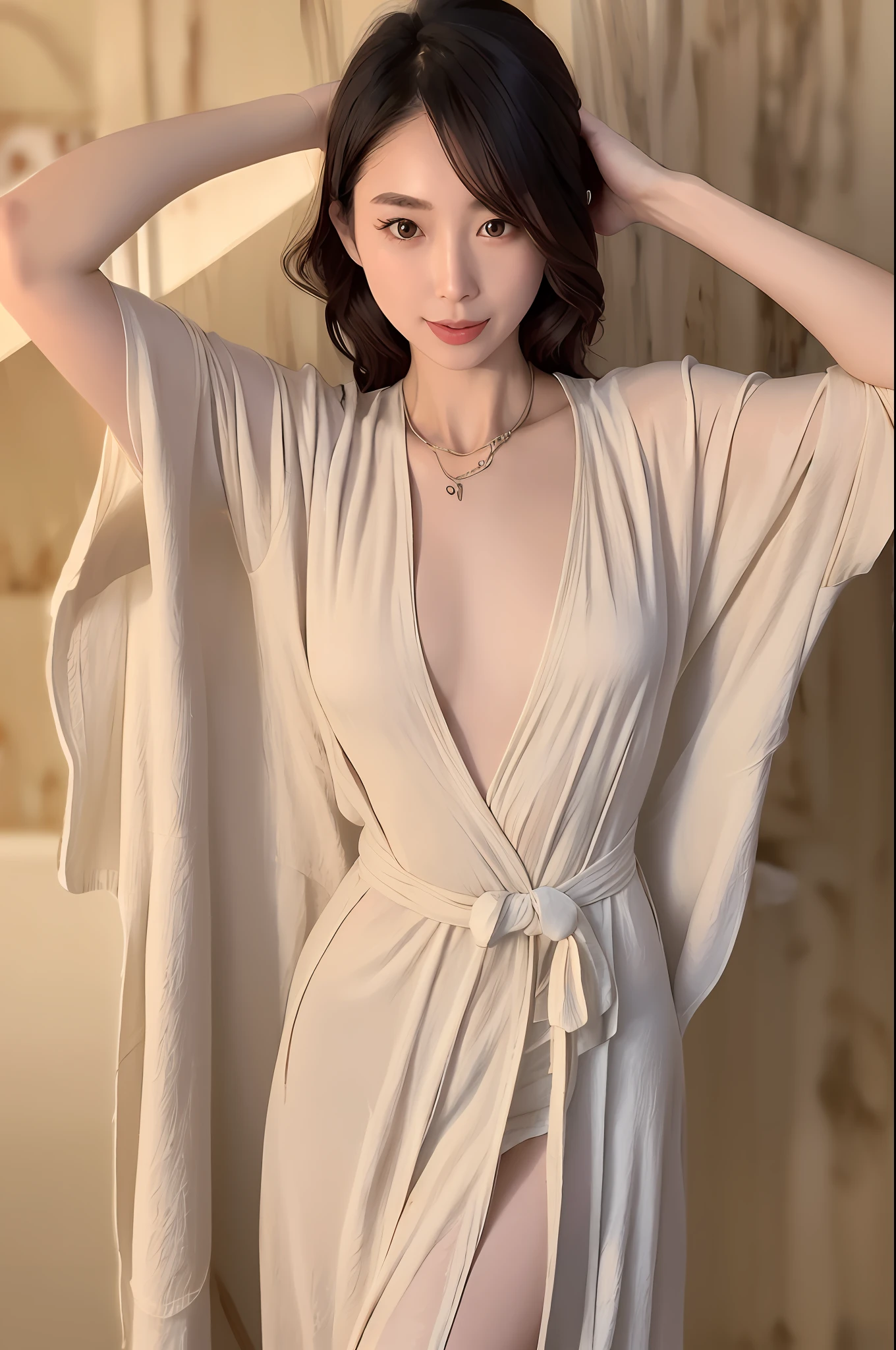 A 28 year old pure lady from a wealthy family, showering in the bathhouse. Slim waist, tall and bony, with a flat lower abdomen and a moist body. Wearing a semi loose ultra-thin perspective silk bathrobe without any ?????????.