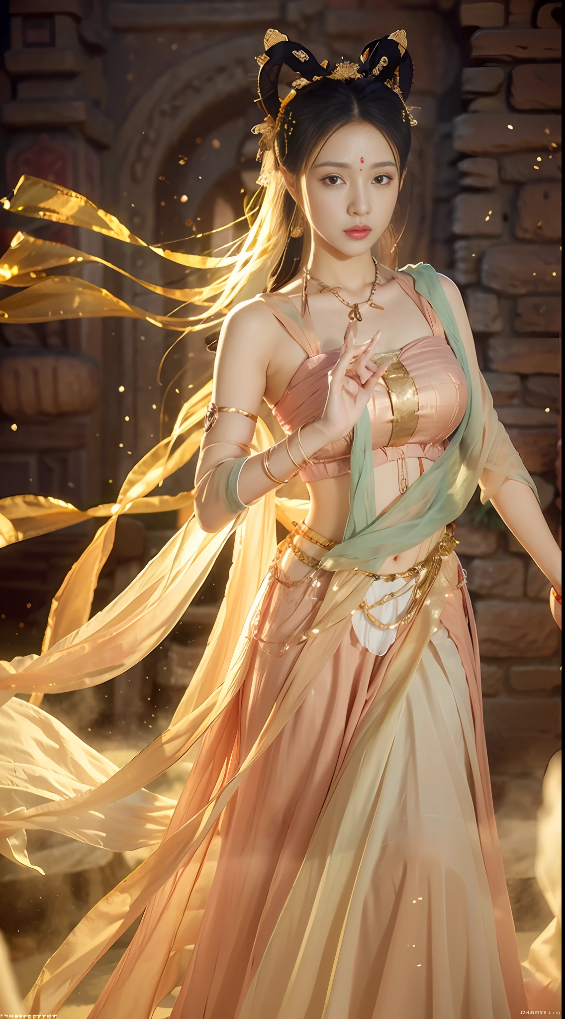 (8k, RAW photos, top quality, masterpieces: 1.2), (realistic, photorealistic: 1.4), (highly detailed CG unified 8k wallpaper), (1 girl: 1.5), Western beauty, pale skin, blush, big eyes, full body, thighs, open navel, gold waist chain, gold jewelry, flying ribbons, particles, background is the ancient city of Loulan, ancient city wall, desert, dance, dunhuang_ dress、dunhuang_style、