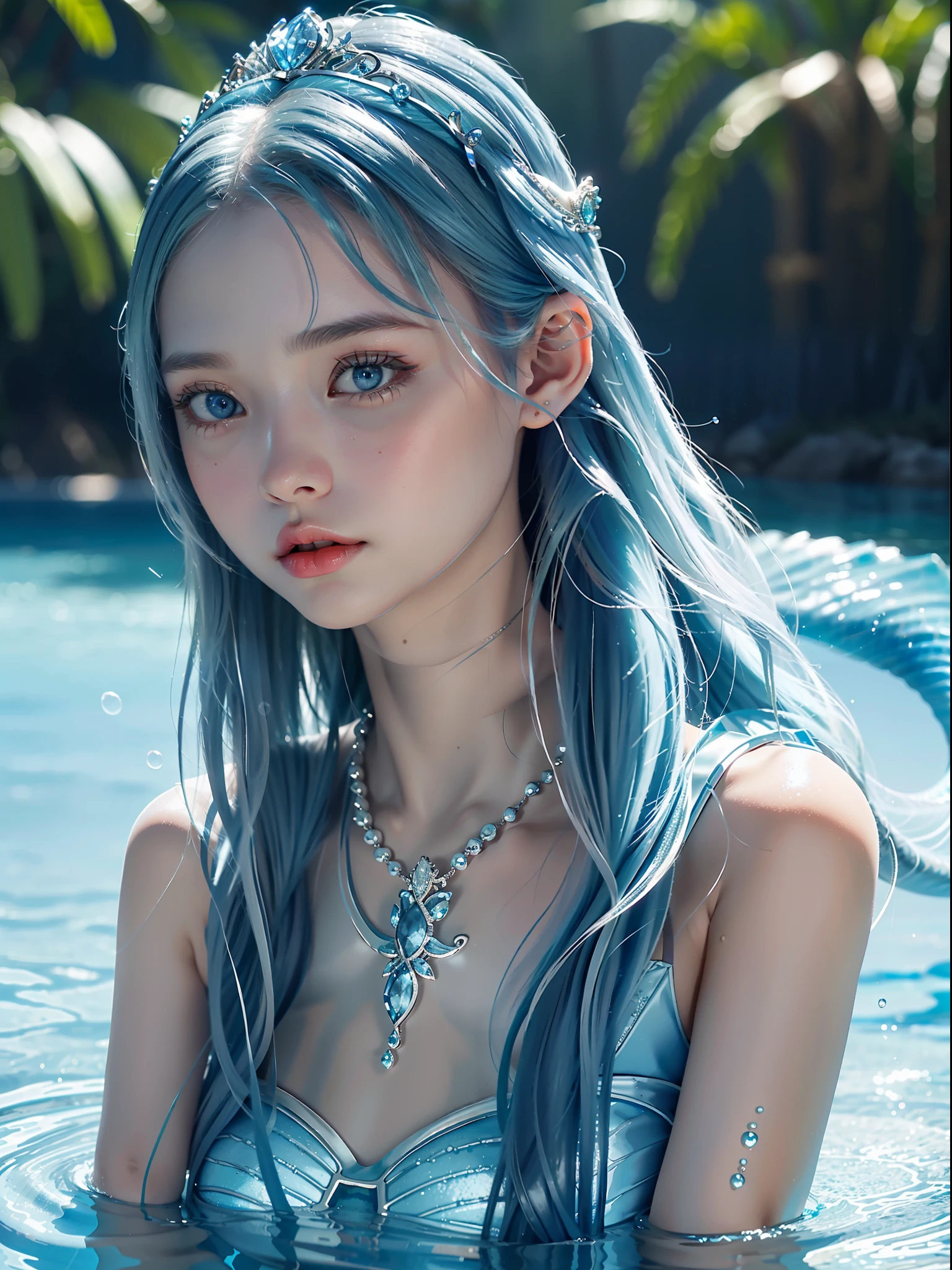 Best quality, masterpiece, super high resolution (fidelity: 1.2), 1 girl, long blue hair, blue eyes, delicate face, beautiful eyes, (mermaid: 1.3), tiara necklace, in water, background blur,