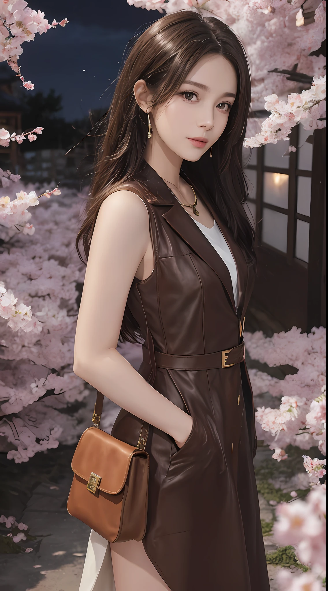 ((Best Quality, 8K, Masterpiece: 1.3)), Full Body, Focus Clear: 1.2, Style Outstanding Beauty: 1.4, Slender Abs: 1.2, ((Long Brown Hair, Large: 1.2)), Vest Dress: 1.1, Highly Detailed Face and Skin Texture, Detailed Eyes, Double Eyelids, Night Scene, Cherry Blossoms, Shrine, Fairy Z, Shortcut, Katyusha, Pink Filter, 1m shooting distance