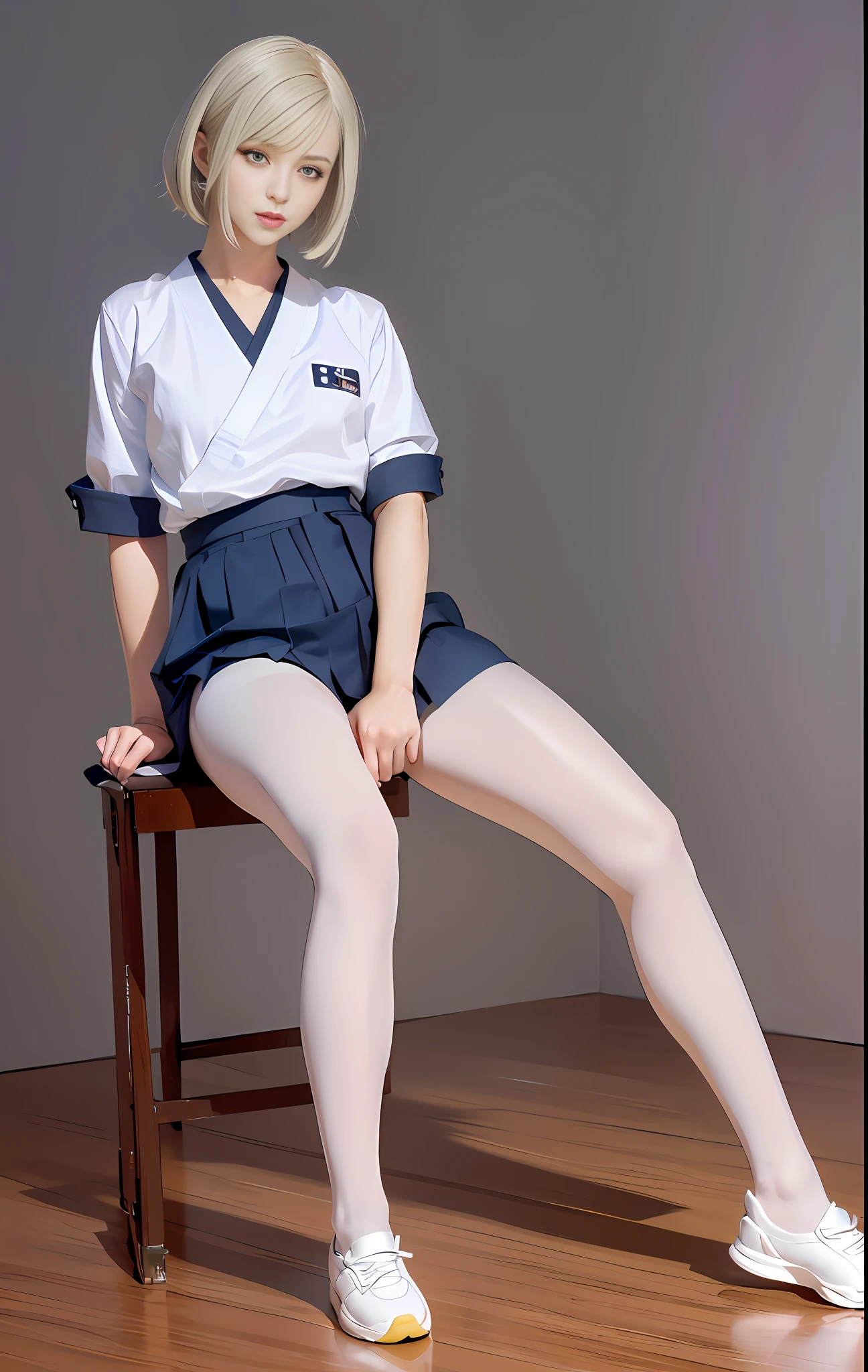 1girl, (8k, RAW photo, best quality, masterpiece:1.2), (realistic, realistic:1.37), solo, ultra-detailed, white pantyhose, long lens, beautiful background, japanese school uniform, full body, realistic eye and face details, natural skin texture, full body, (school: 1.4), sneakers, detailed face, movie lighting, realism, realistic background, realistic lighting, angular beauty, thin ankle, school background, gyaru, sports club, short hair, blonde dye, perfect body proportions, domineering posture, angry expression, earrings, sexy makeup ((show thighs)|( Show calves)), ((1girl))