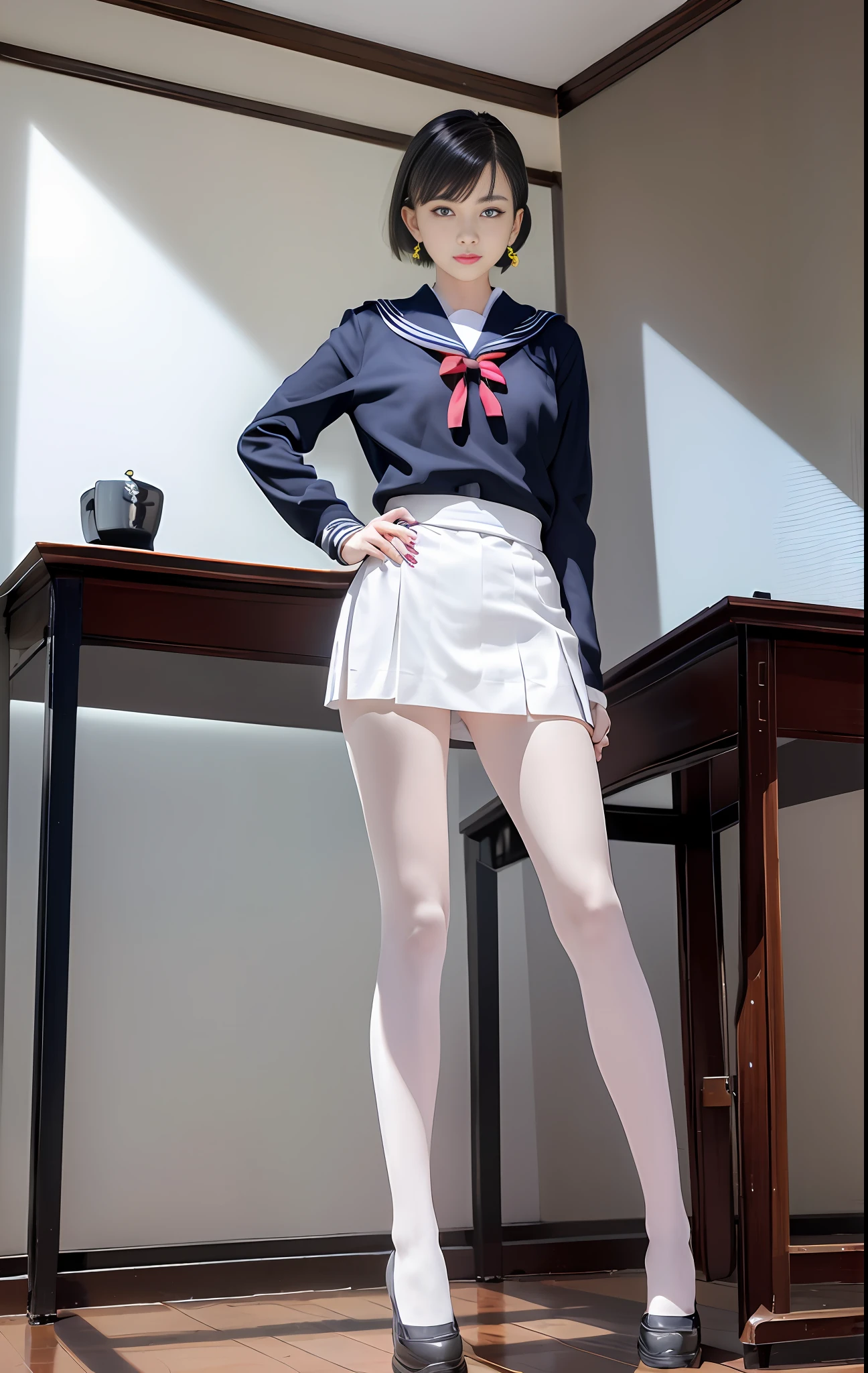 1girl, (8k, RAW photo, best quality, masterpiece:1.2), (realistic, realistic:1.37), solo, ultra-detailed, white pantyhose, long lens, beautiful background, japanese school uniform, full body, realistic eye and face details, natural skin texture, full body, (school: 1.4), sneakers, detailed face, movie lighting, realism, realistic background, realistic lighting, angular beauty, thin ankle, school background, gyaru, sports club, short hair, blonde dye, perfect body proportions, domineering posture, shy expression, earrings, sexy makeup ((show thighs)|( Show calves)), ((1girl))