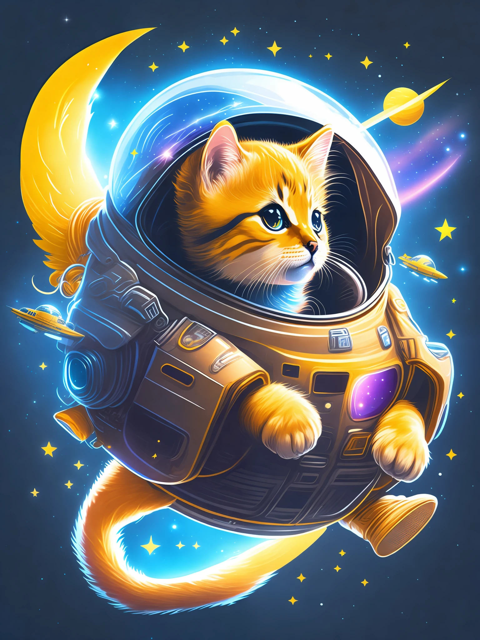 A yellow kitten piloting a spaceship in space, galaxy, t-shirt design, rzminjourney, vector art