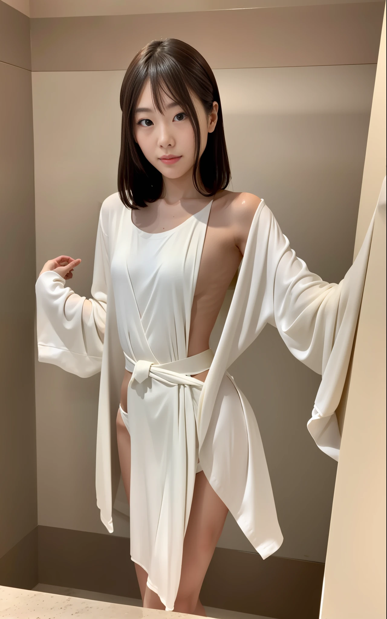 A 28 year old pure lady from a wealthy family, showering in the bathhouse. Slim waist, tall and bony, with a flat lower abdomen and a moist body. Wearing a semi loose ultra-thin perspective silk bathrobe without any underwear.