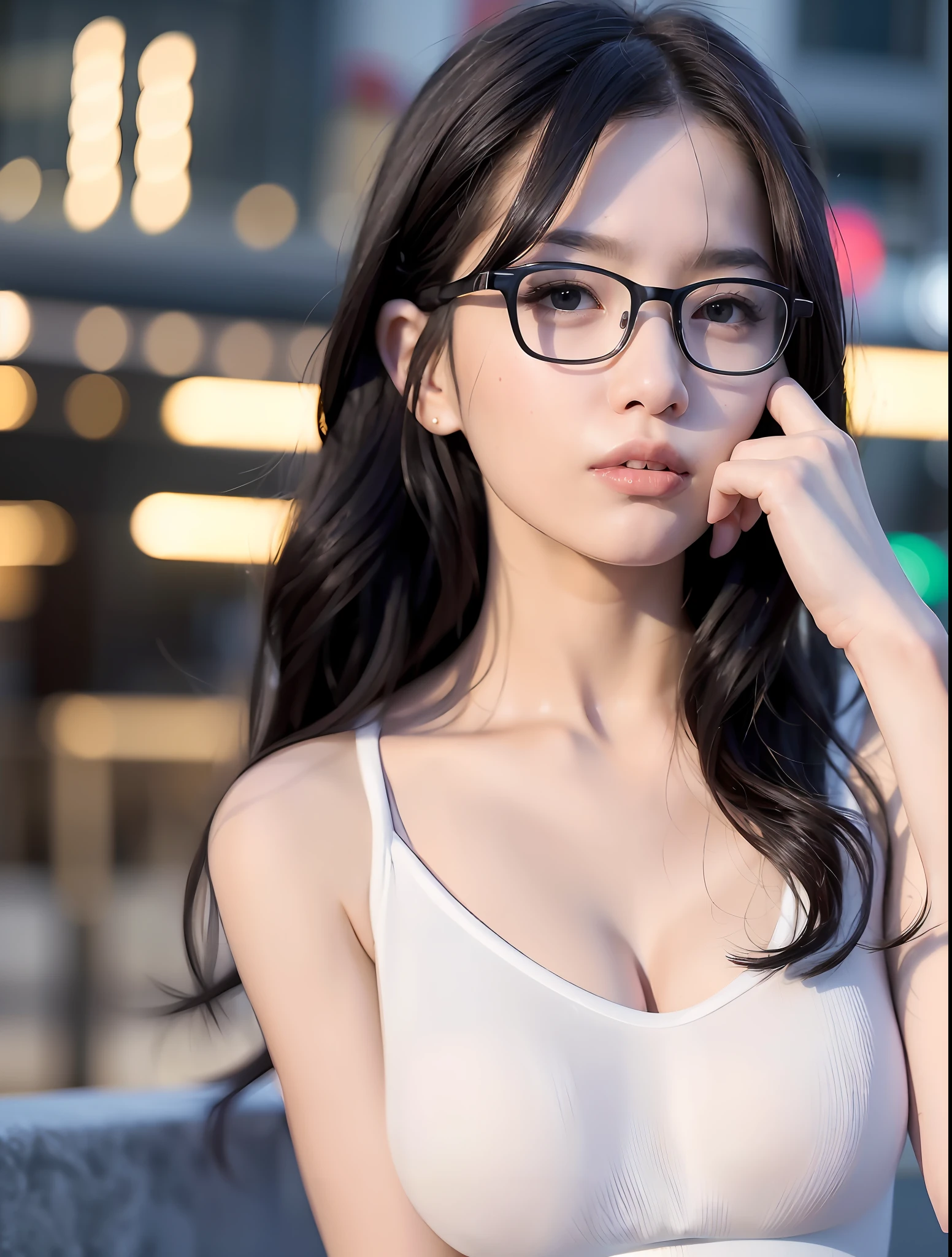 Random posture, mix4,(8k, RAW photo, best quality, masterpiece:1.2), (realistic, photo-realistic:1.37),1girl with glasses,cute,cityscape, night, rain, wet, professional lighting, photon mapping, radiosity, physically-based rendering,, gradient black colour hair,, White hair, short curly hair, handsome, girl, white ball suit, top quality picture, high resolution, 1080p, (clear face), (detailed facial description), (detailed hand description), (masterpiece), (exquisite CG), extreme light and shadow, messy hair, master's work, rich details, (fine facial features), (highest quality picture), (masterpiece), (detailed eyes),Look ahead with your eyes,Fine collarbone