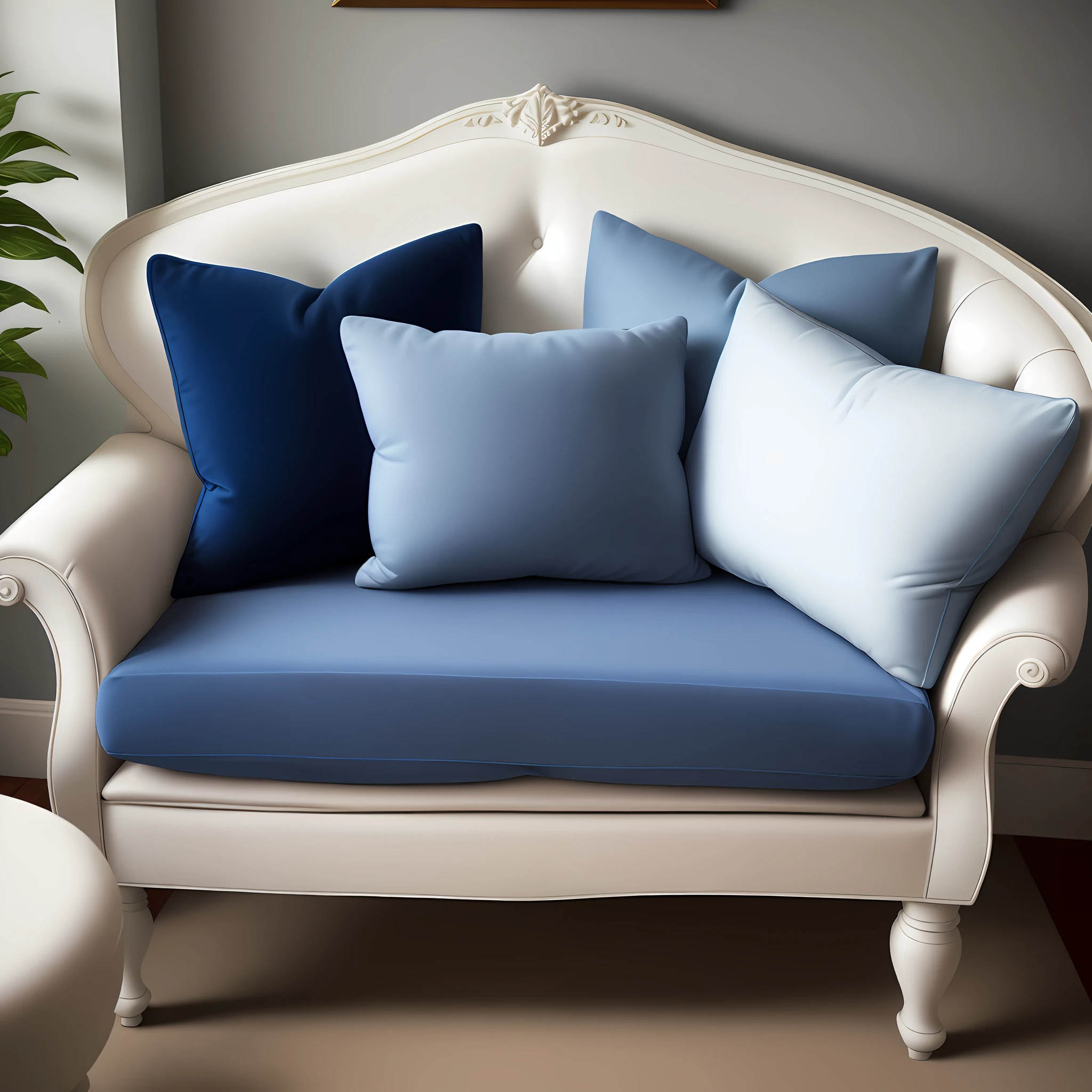 There is a white sofa with a royal blue velvet pillow. navy blue, soft, cozy