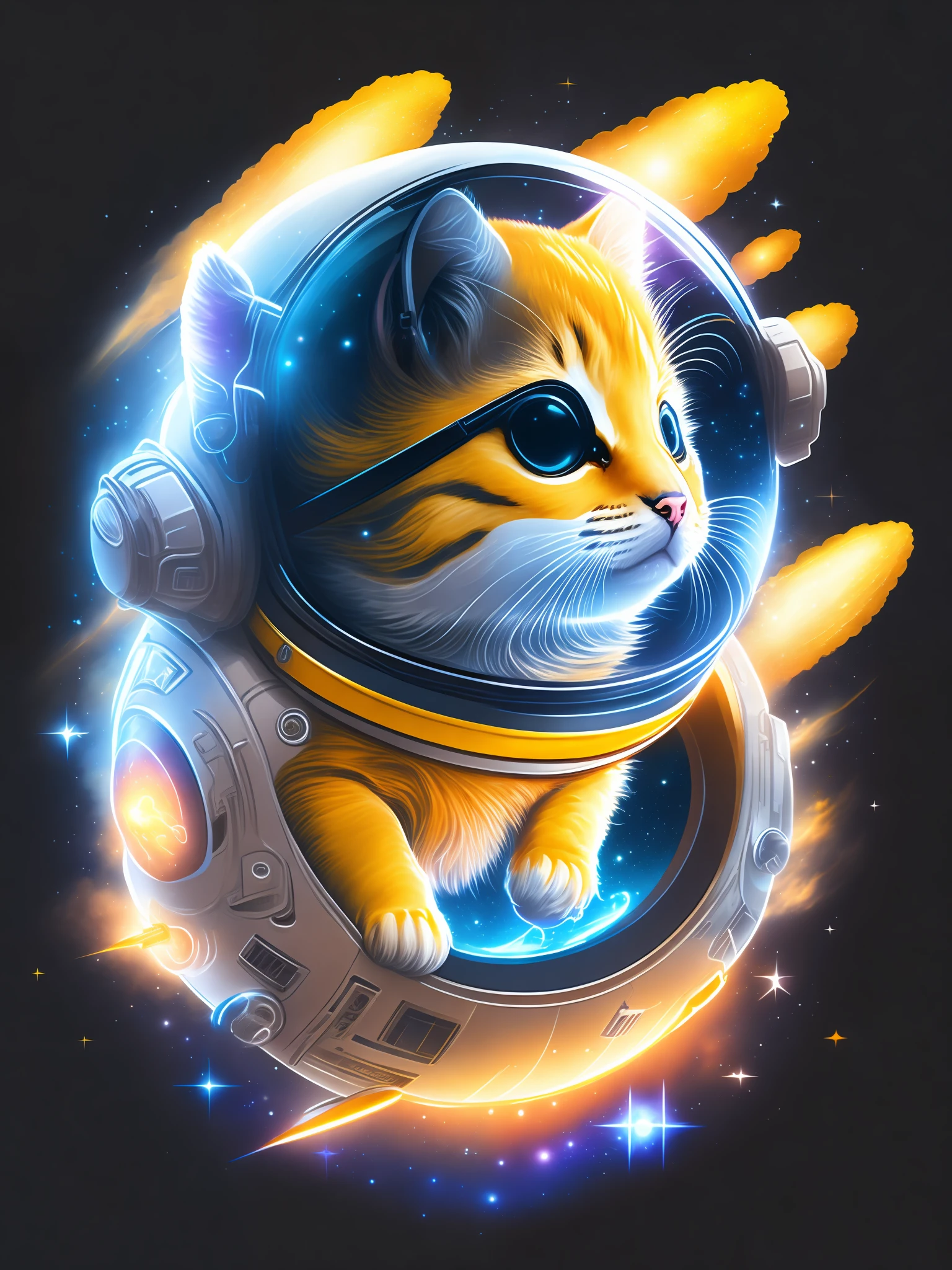 A yellow kitten pilots a spaceship in space, galaxy, black hole, t-shirt design, rzminjourney, vector art,