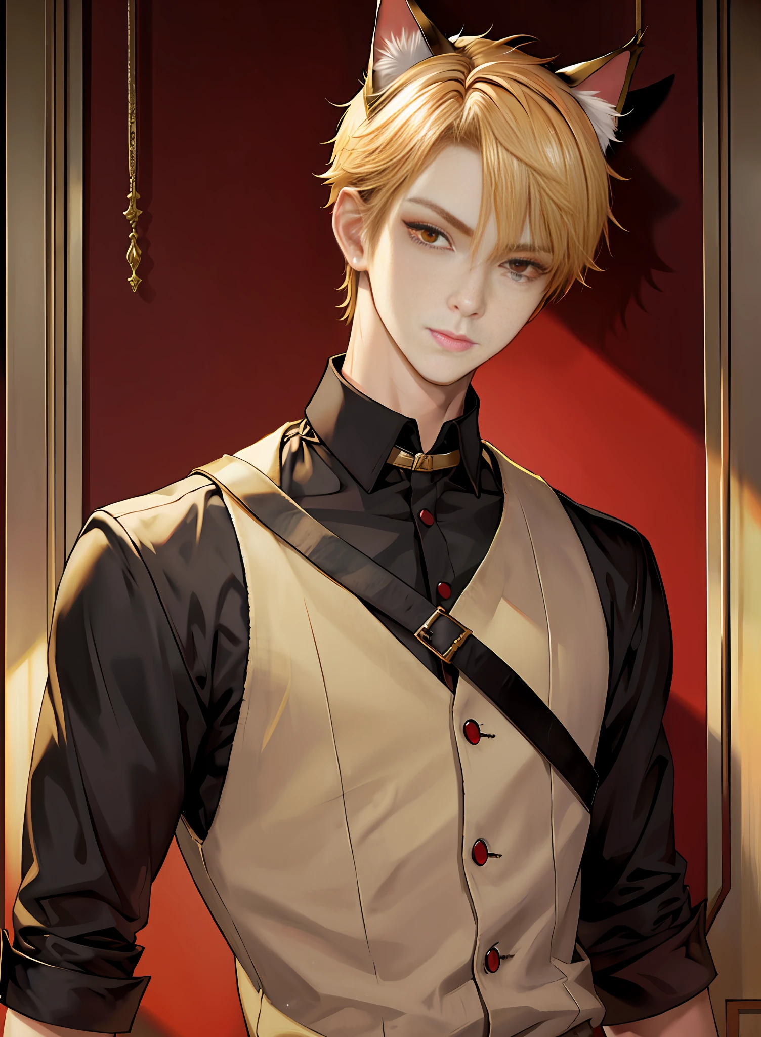 Top quality, masterpiece, high resolution, 1 boy, male, slender, solo, upper body, cat ears, golden short hair, red eyes, about