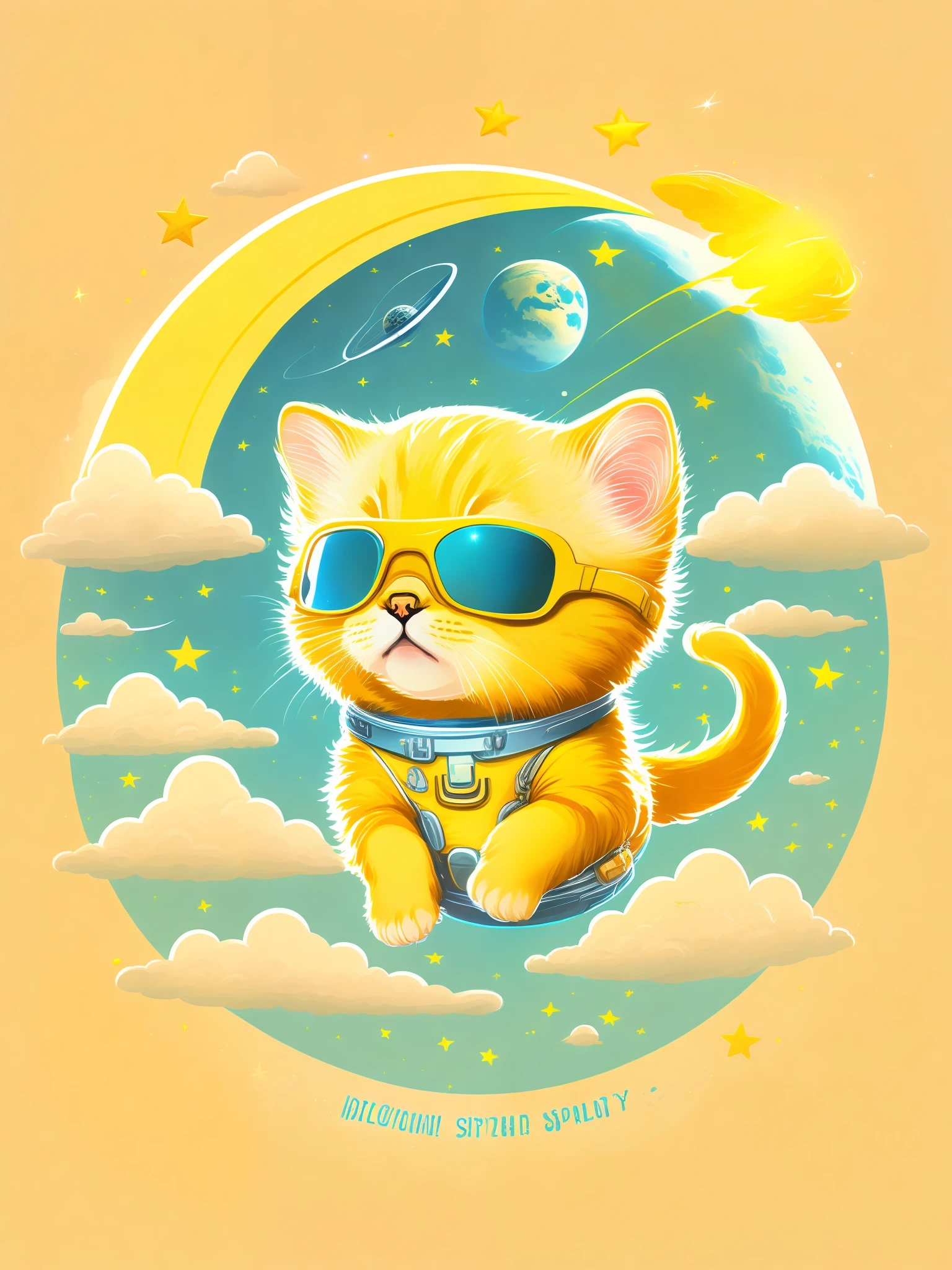 A yellow kitten piloting a flying saucer in space, moon, earth, t-shirt design, rzminjourney, vector art,