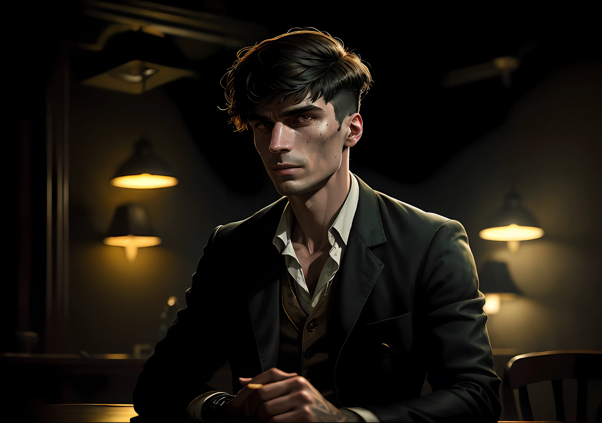 Thomas shelby dark photo: sitting at the table, realistic epic, portrait of, green eyes of Atey Ghailan, Greg Rutkowski, Greg Tocchini, James Gilleard, Joe Fenton, Kaethe Butcher, yellow gradient, black, brown and magenta color scheme, grunge aesthetic!!! Graffiti brand wall background, art by Greg Rutkowski and Artgerm, soft cinematic light, Adobe Lightroom, Photo Lab, HDR, intricate, highly detailed, (depth of field: 1.4), faded, (neutral colors: 1.2), (HDR: 1.4), (soft colors:1.2), hyperdetailed, (Artstation:1.4), cinematic, warm lights, dramatic light, (intricate details:1.1), complex background, (Rutkowski:0.66), (blue and orange:0.4)