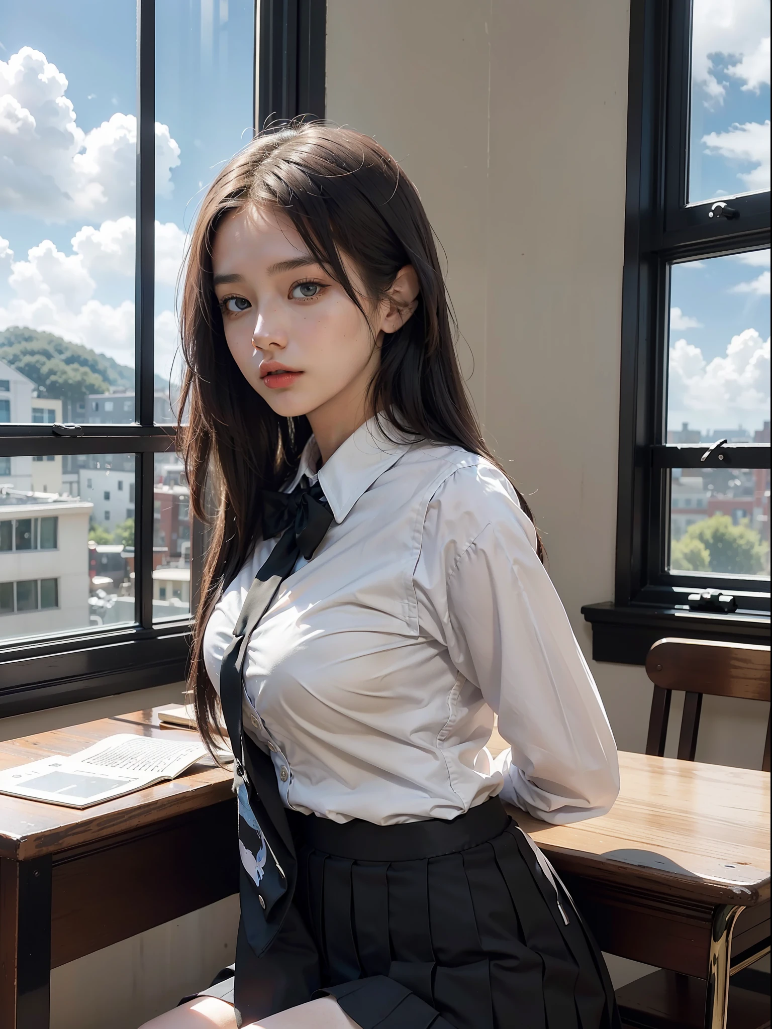 ((best illustration, masterpiece, ultra-detailed)), high contrast, high saturation, ((1girl), side face, black long straight, school uniform, class representative), natural movement, classroom window position, look back at the line of sight, bright eyes, write a book on the front table, (dedicated student + writing homework): 1.3), wide shot, light-shadow contrast,blue sky and white clouds.