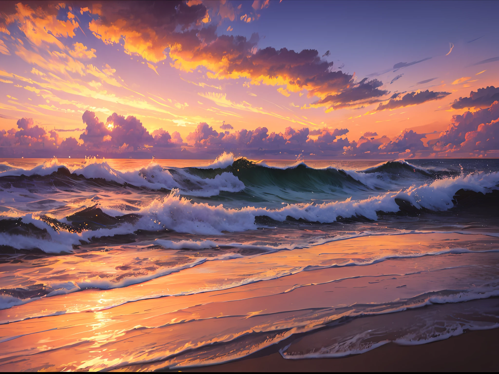 (best quality, masterpiece), (perfect composition), golden ratio, ocean sunrise, vivid orange and pink sky reflected in calm sea and awe-inspiring panoramic view of the sun rising over the vast ocean, waves gently crashing against the shore, HDR, cinematic, artstation trend, CGSociety trend, huge details,