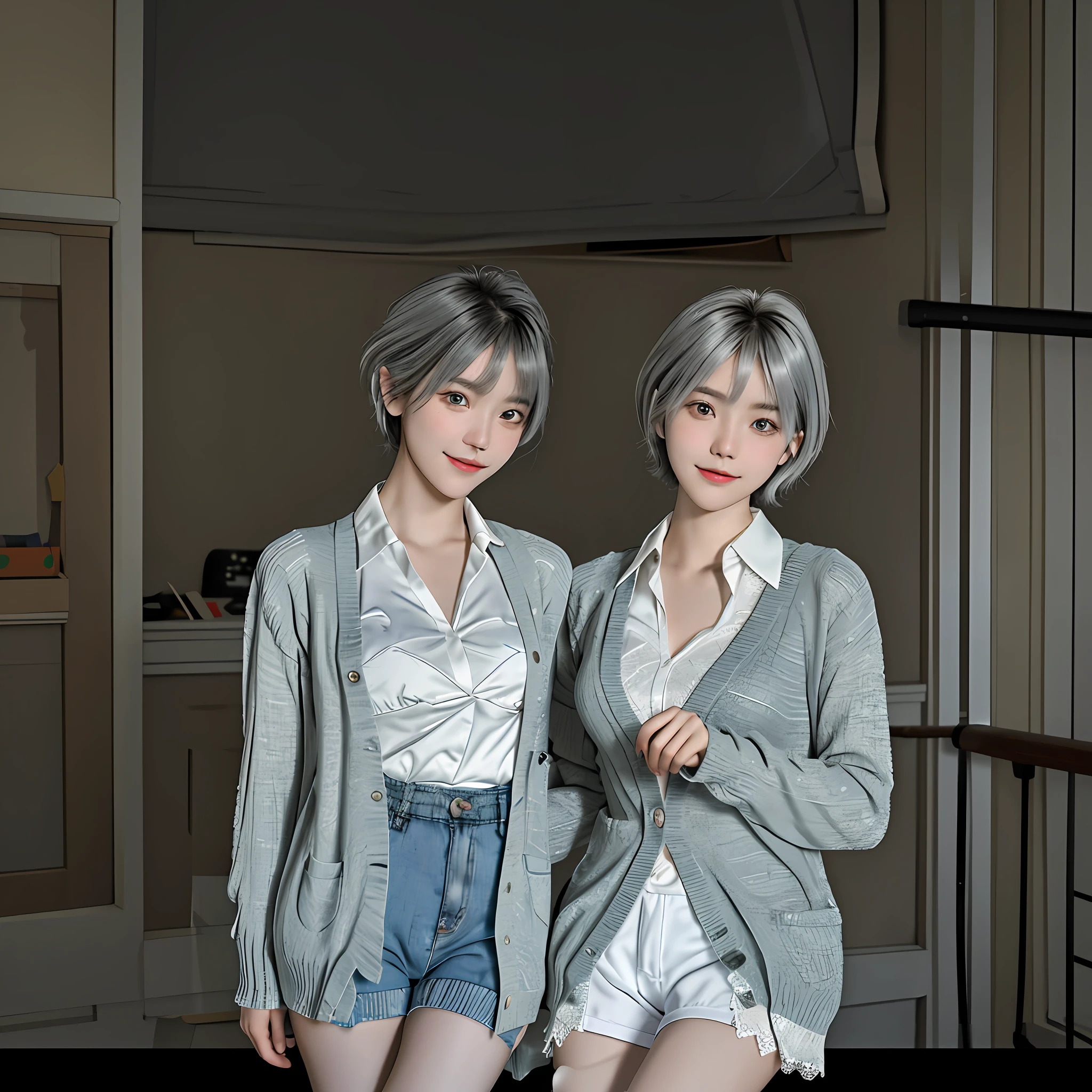 (RAW photo, top quality), (realistic, realistic: 1.3), masterpiece, very delicate and beautiful, very detailed, CG, unity, 2k wallpaper, amazing, fine detail, light smile, highly detailed CG unity 8k wallpaper, huge file size, very detailed, high resolution, absurd, soft light, ((short hair:1.3), short hair, silver hair, floating hair novafrogstyle), beautiful detailed girl, detailed fingers, very detailed eyes and face, Beautiful detailed nose, beautiful detailed eyes, long eyelashes, light on the face, looking at the beholder, (closed mouth: 1.2), 1 girl, cute, young, mature face, (full body: 1.3), realistic face, realistic body, beautiful detail thighs, (ulzzang-6500-v1.1:0.8), school uniform, cross-lace clothing, collared shirt, open clothes, school, open cardigan, black thighs,underwear
