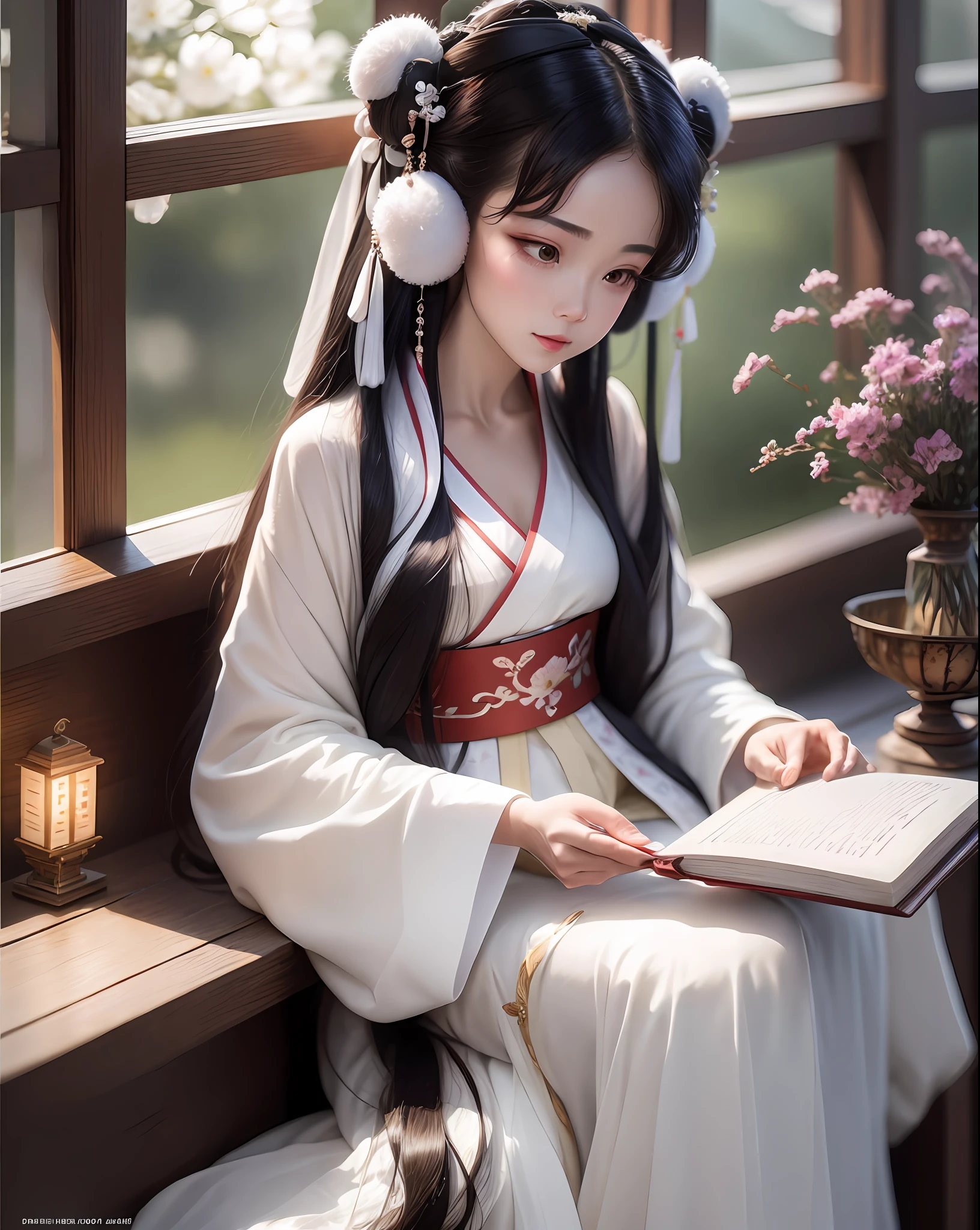 https://cdn9.image.seaart.ai/static/upload/20230603/b1f1ca1a-4835-485e-9101-756cb2891fd2.png, face change, masterpiece, high resolution, 1 woman, beauty, Hanfu, white robe, indoor, holding books, bookcases, oil lamps, warm light