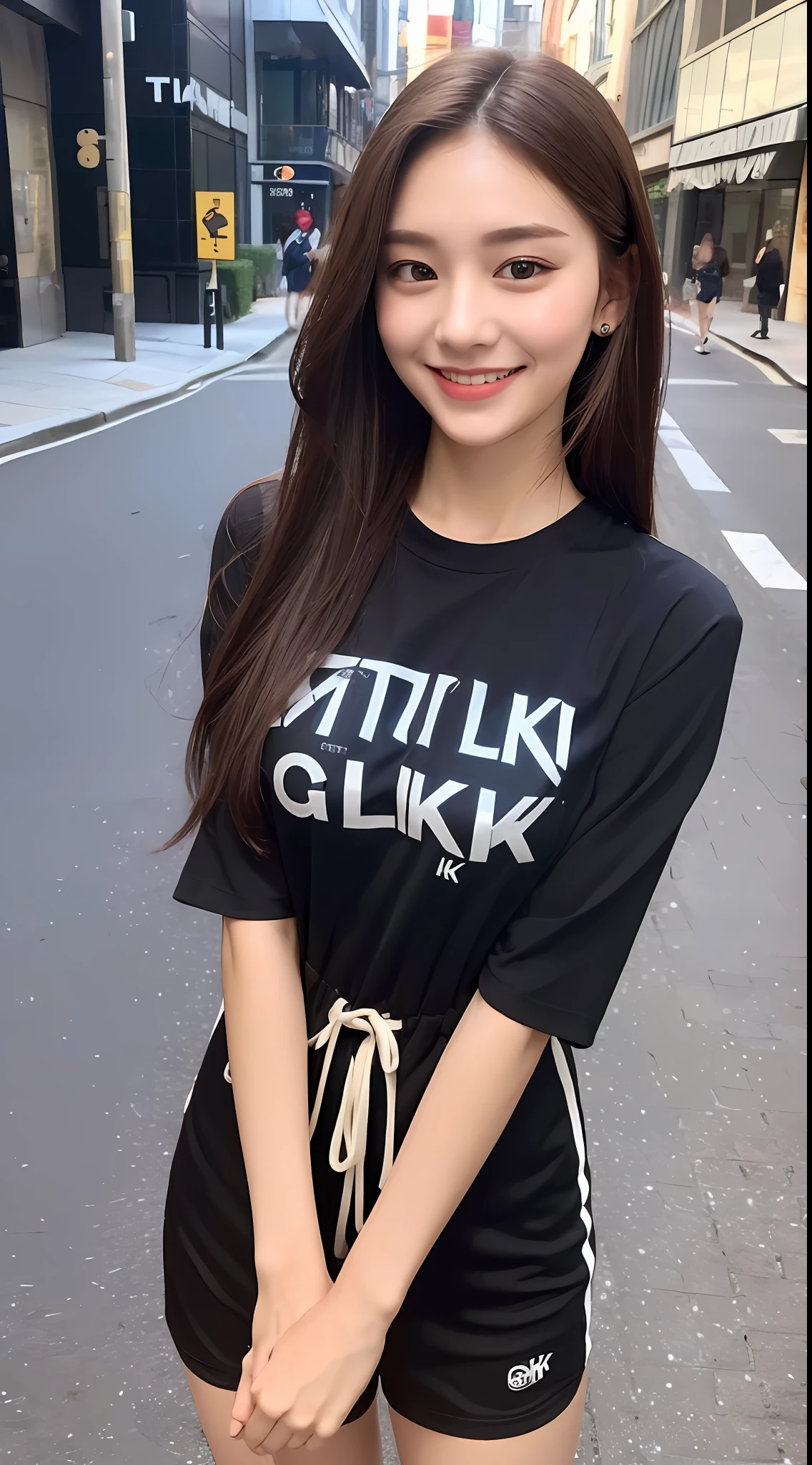 ((Best quality, 8k, Masterpiece :1.3)), 1girl, smiling, tshirt and shorts, slim face, Pretty woman, (Dark brown hair), full length dress :1.1, Ultra-detailed face, Detailed eyes, Double eyelid, blur background, slim face, city, outside, street,