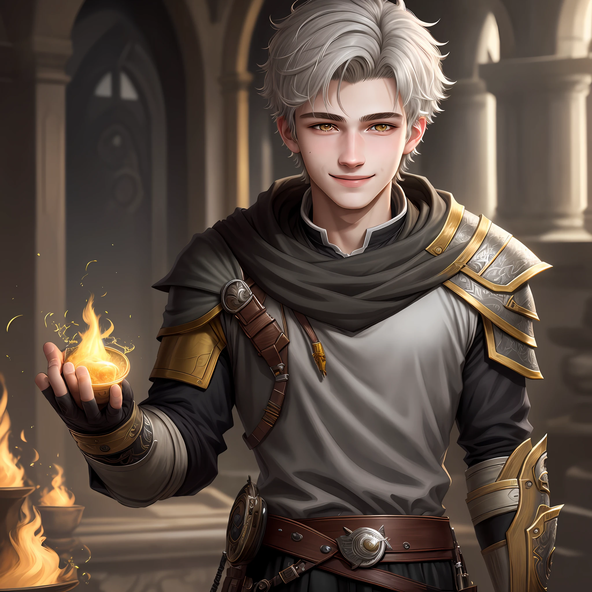 Fantasy, detailing, 4 k, realism, portrait, 18-year-old guy, resleher face, big gray-yellow eyes, short ashen hair, smiling, wrinkling his nose