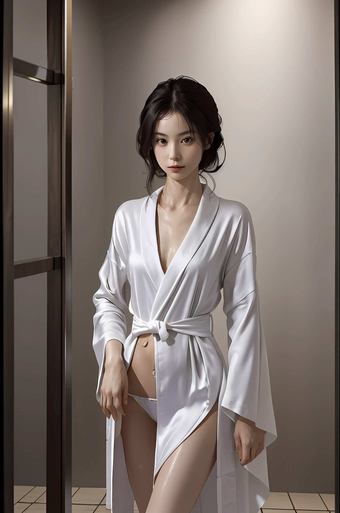 A 28 year old pure lady from a wealthy family, showering in the bathhouse. Slim waist, tall and bony, with a flat lower abdomen and a moist body. Wearing a semi loose ultra-thin perspective silk bathrobe without any underwear.