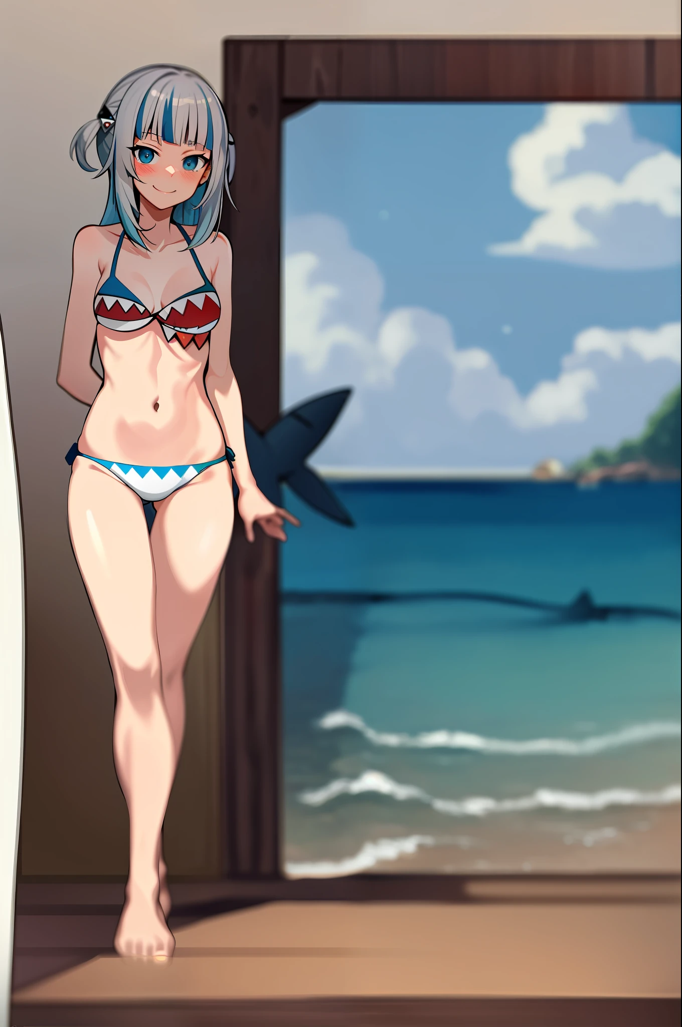 2d, masterpiece, best quality, anime, very detailed, full body, 1 girl, alone, gura_bikini,gawr_gura,smile,beach,blushing,naked,featuring butt,shark tail,crouched,