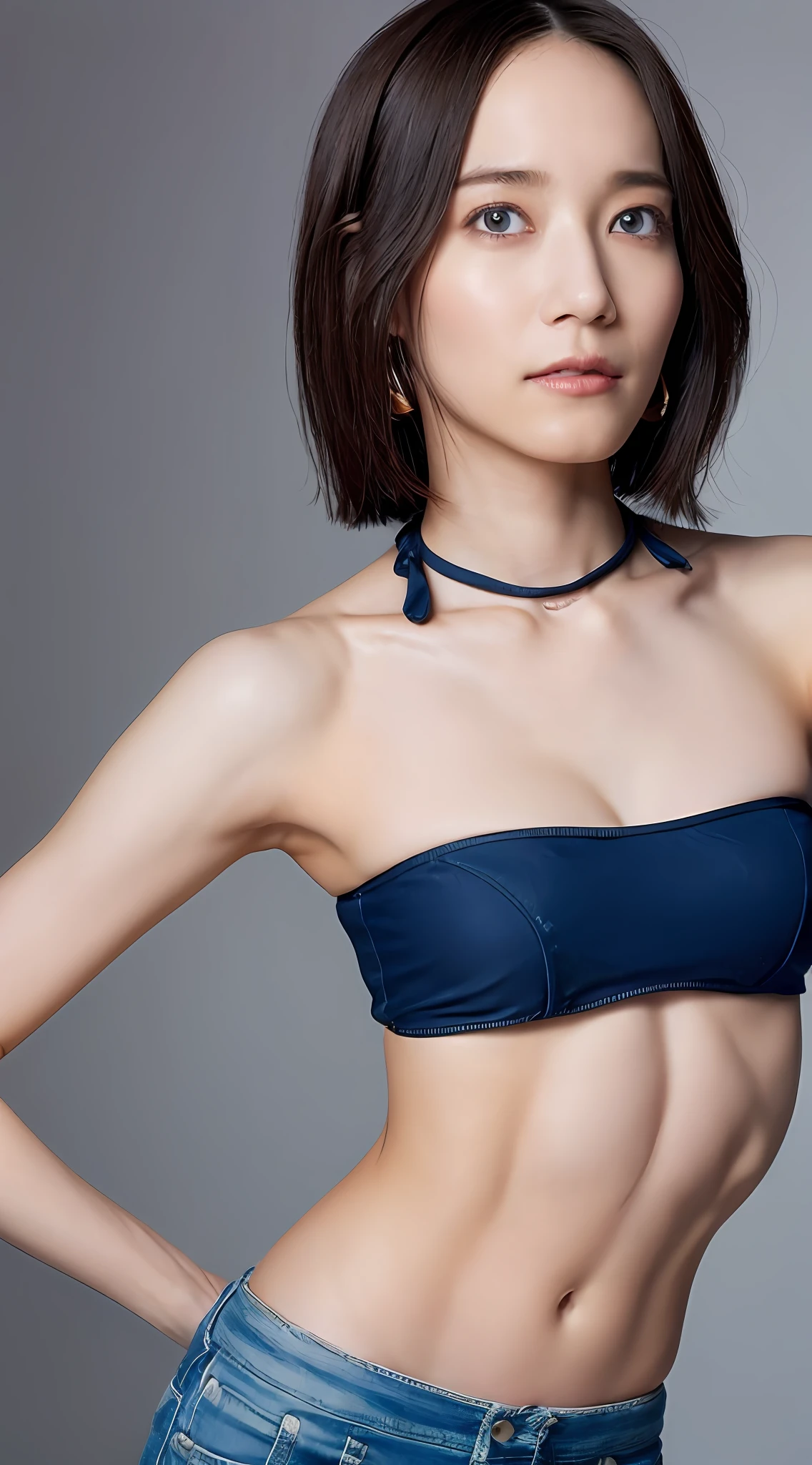 ((Top Quality, 8k, Masterpiece: 1.3)), Sharp Focus: 1.2, Perfect Body Shape Pretty Woman: 1.4, Slender Abs: 1.2, ((Dark Brown Hair, Huge Breasts: 1.4)), (Wearing a Swimsuit, Jean: 1.1), Urban Area: 1.2, Highly Detailed Face and Skin Texture, Detailed Eyes, Double Eyelids
