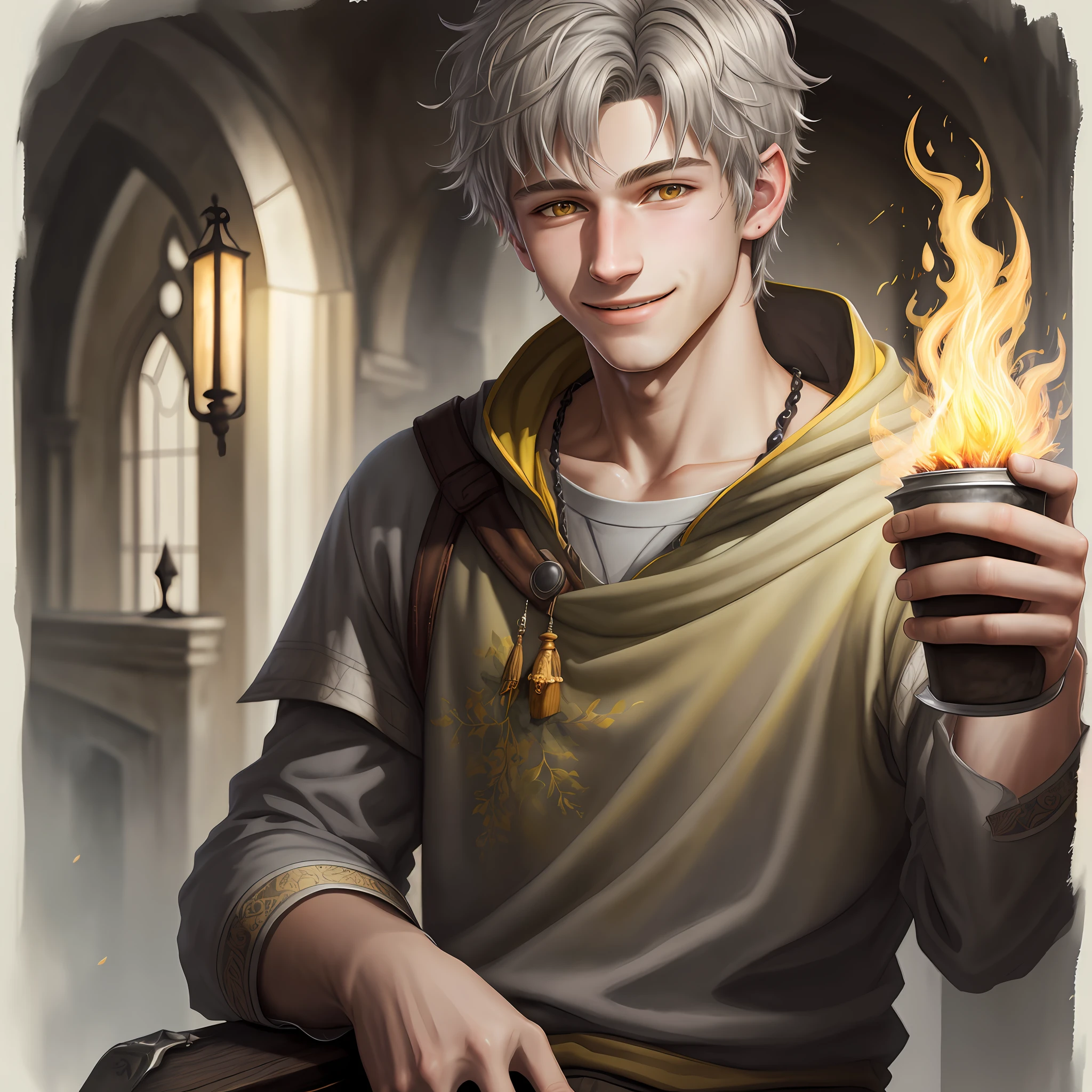 Watercolor, fantasy, detailing, realism 4 k, realism, portrait, 18-year-old guy, big gray-yellow eyes, short ashen hair, smiling, wrinkling his nose, holding fire in his hands