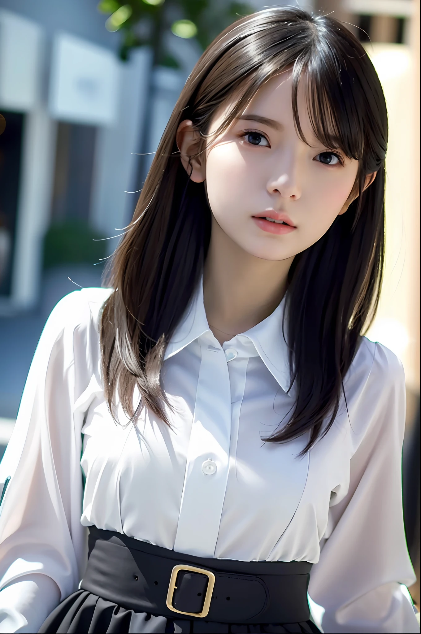 Top Quality, White Skin, Real Human Skin, (Detailed), Oval Face, Pore, Ultra High Definition, (8k, RAW Photography, Photorealistic: 1.4), 1 Girl, Slim, (Gentle and Goddess-like Eyes) Happiness: 1.2), (Lip Gloss, Eyelashes, Gloss Face, Best Quality, Ultra High Definition, Wide Lighting, Natural Shading), Oversized Jacket, fashion shirt, cityscape, sexy,