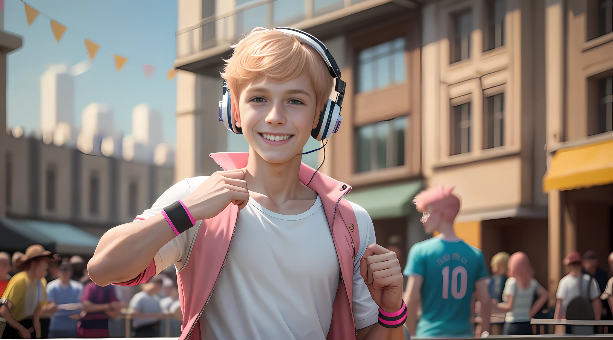 Original photo, best quality, realistic, surreal, a boy, solo, smile, light blonde or ginger or pink hair, casual wear, sportswear, accessories, headset, wristband.