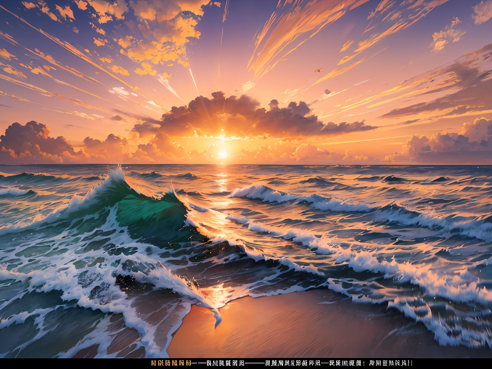 (best quality, masterpiece), (perfect composition), golden ratio, ocean sunrise, vivid orange and pink sky reflected in calm sea and awe-inspiring panoramic view of the sun rising over the vast ocean, waves gently crashing against the shore, HDR, cinematic, artstation trend, CGSociety trend, huge details,