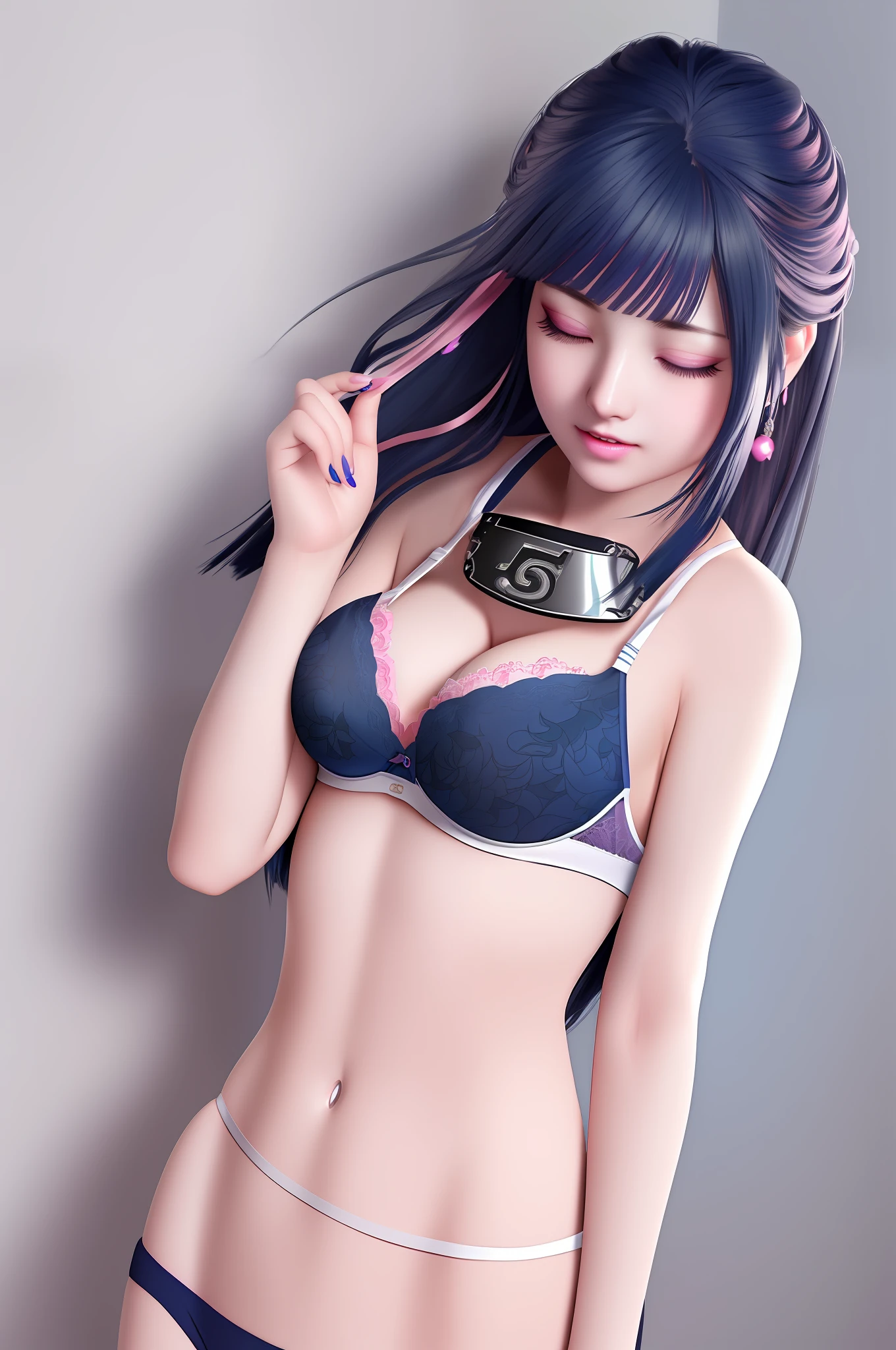 (extremely detailed CG unity 8k wallpaper), the most beautiful artwork in the world, 1girl, upper body, eyes closed, open mouth, moaning, naughty face, (((dark blue hair))), (((pink Bra))), (((white Iris))),(((white Pupils))),(((white Eyes))),(((white Lens))), (((Konoha)))