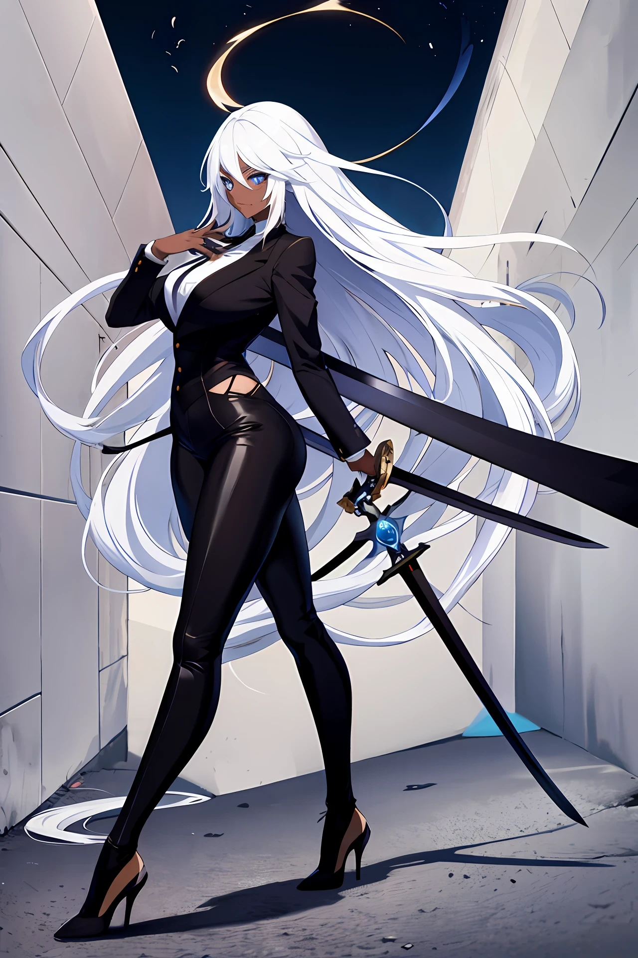 anime style, manga style, female character, long white hair, blue eyes, black skinned african woman, wearing black suit, black pants, wearing black high heels, holding a sword in her hands,