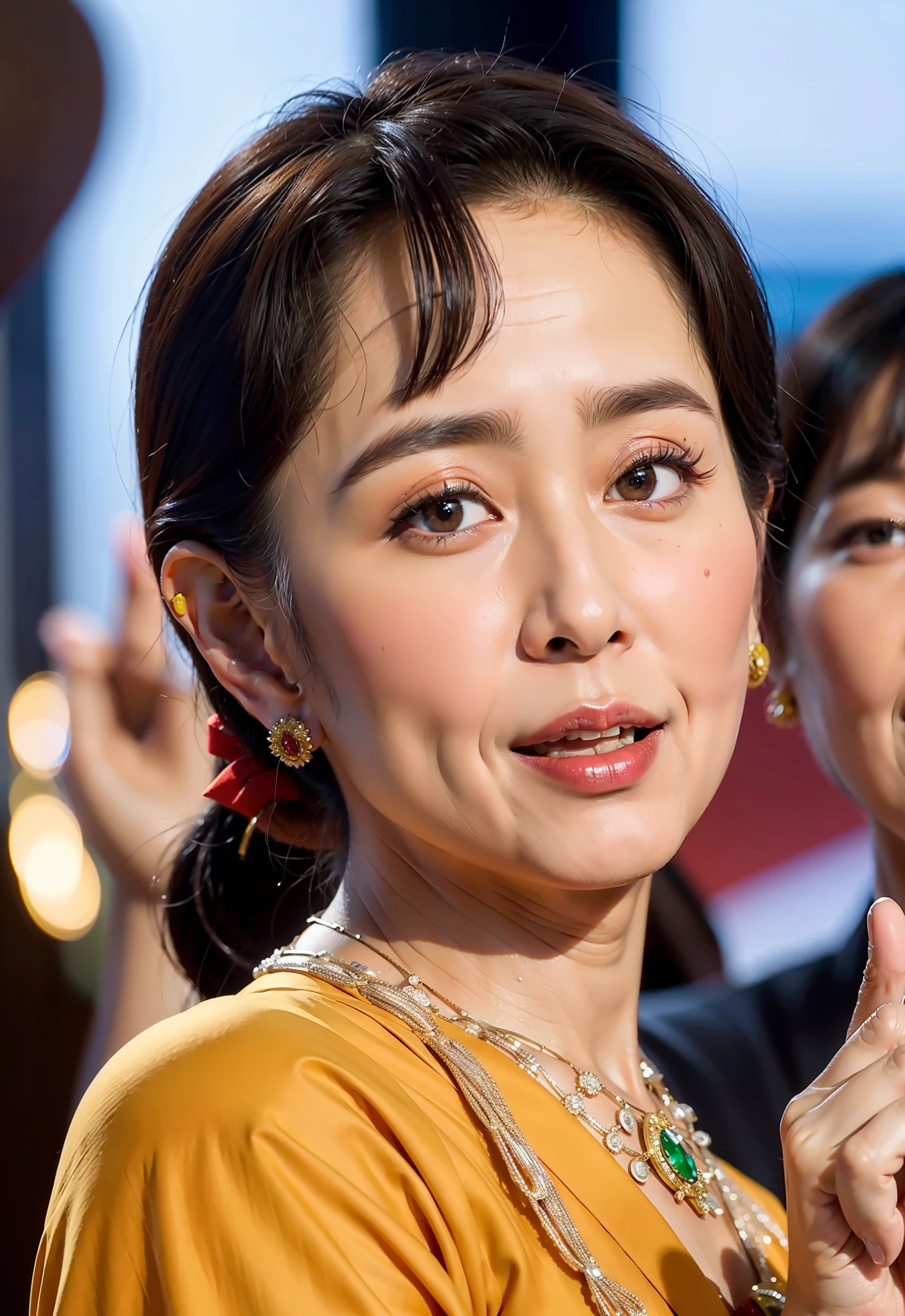 Daw Aung San Suu Kyi addressing the public, cinematic lighting hyper realistic super details skin texture is very detail, Myanmar democracy leader, she is 70 year old woman