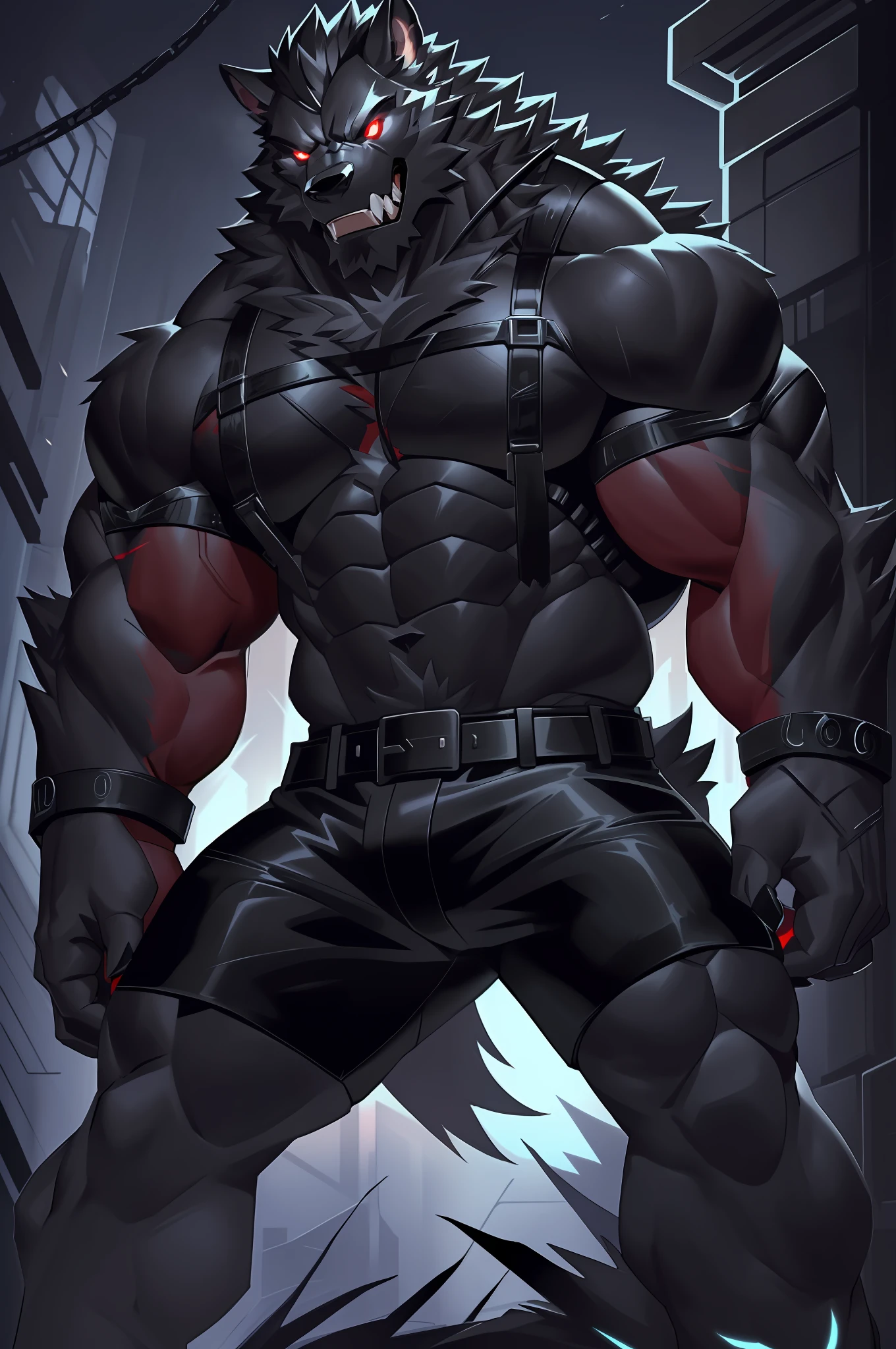 a close up of a person in a black outfit with a red eye, muscular werewolf, angry high moral sexy werewolf, muscular! cyberpunk, full body x-force outfit, commission for high res, berserker potrait, werewolf man, gigachad muscular, a minotaur wolf, badass anime 8 k, dark supervillain, manly monster tough guy, werewolf”