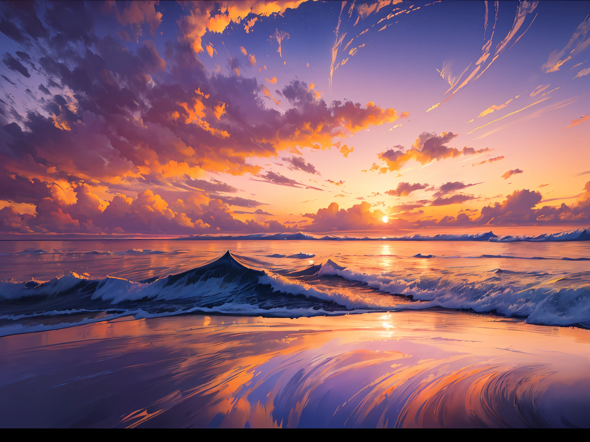 (best quality, masterpiece), (perfect composition), golden ratio, ocean sunrise, vivid orange and pink sky reflected in calm sea and awe-inspiring panoramic view of the sun rising over the vast ocean, waves gently crashing against the shore, HDR, cinematic, artstation trend, CGSociety trend, huge details,