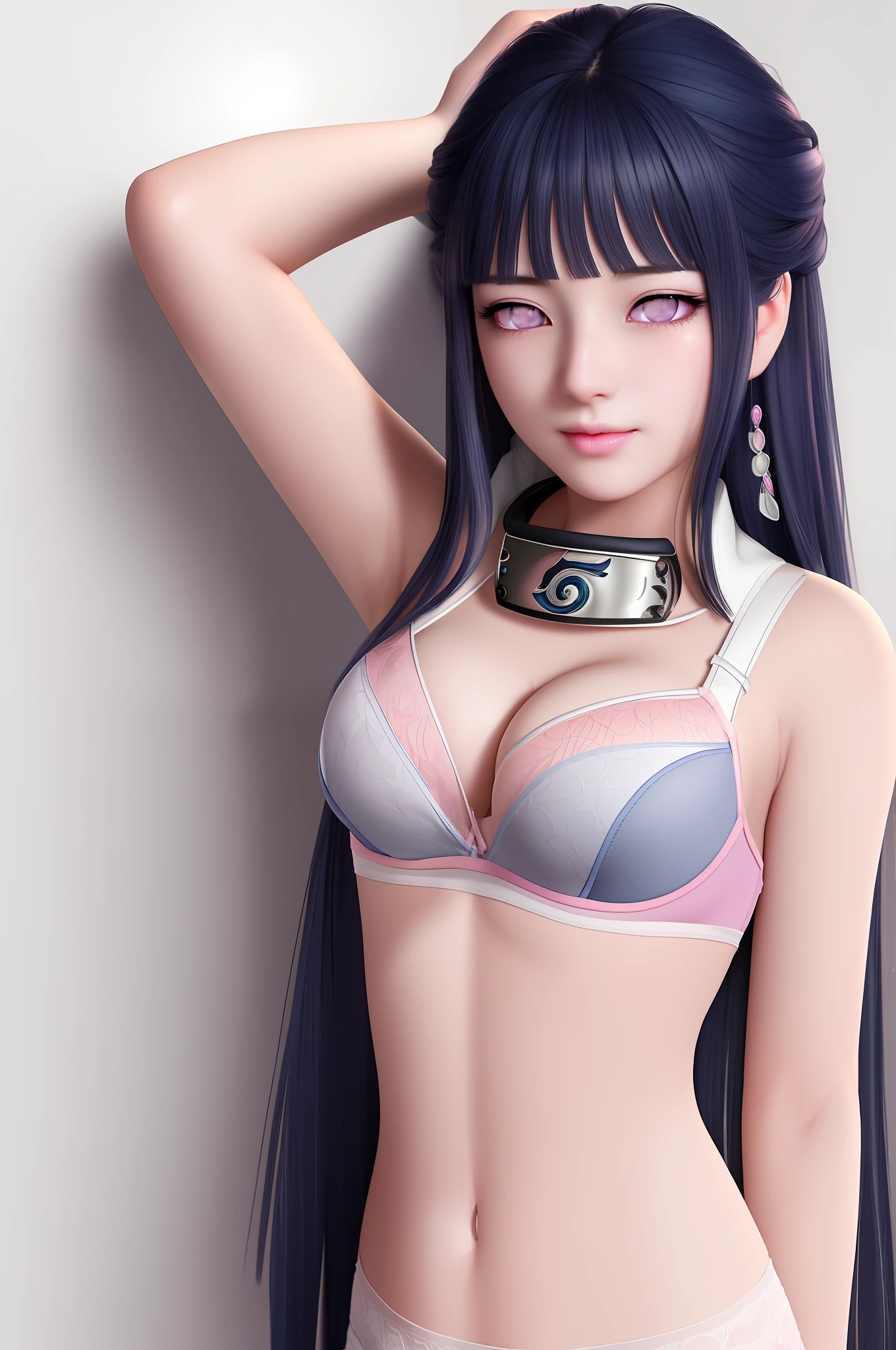 (extremely detailed CG unity 8k wallpaper), the most beautiful artwork in the world, 1girl, upper body, eyes closed, open mouth, moaning, naughty face, (((dark blue hair))), (((pink Bra))), (((white Iris))),(((white Pupils))),(((white Eyes))),(((white Lens))), (((Konoha)))
