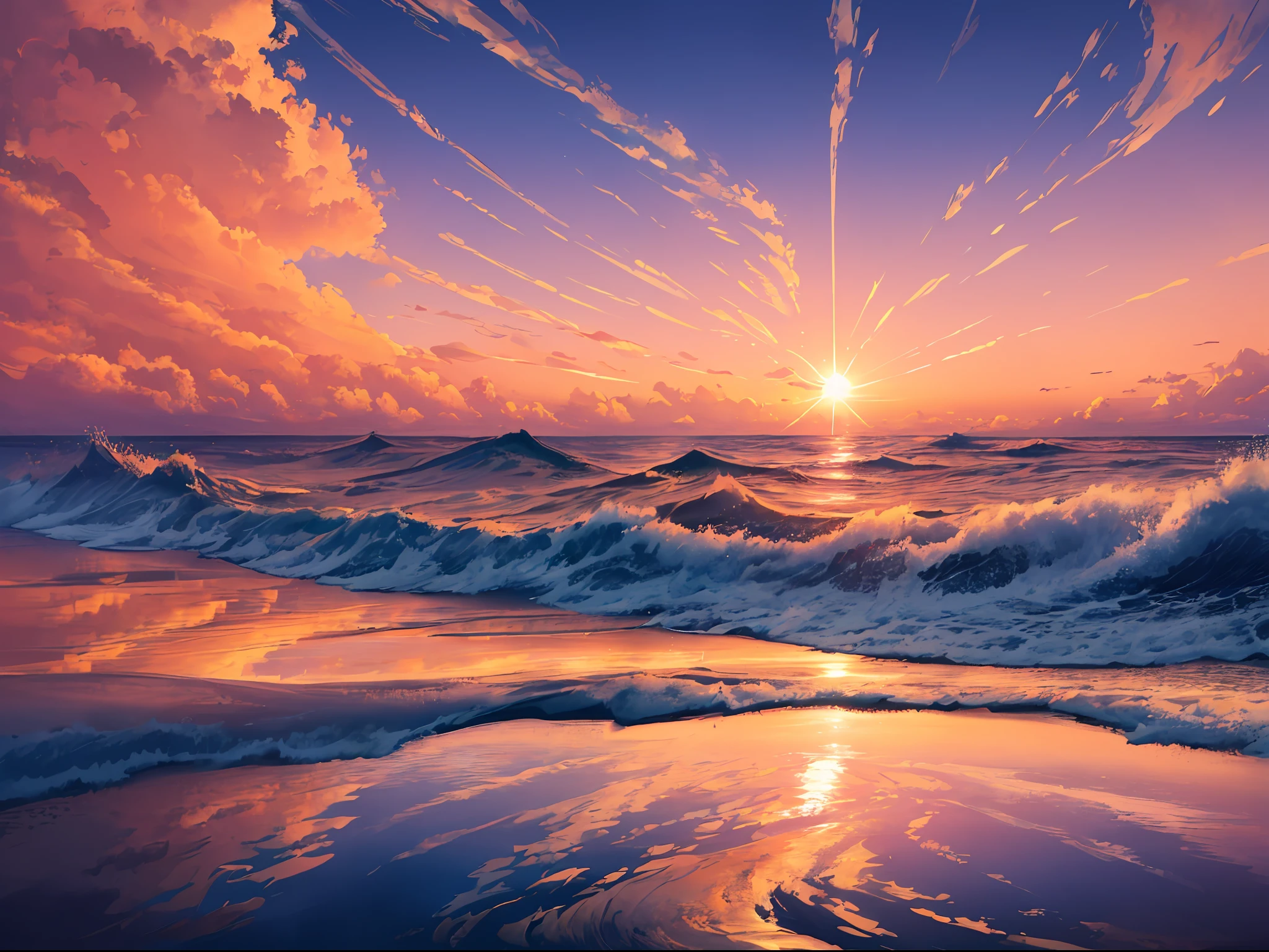(best quality, masterpiece), (perfect composition), golden ratio, ocean sunrise, vivid orange and pink sky reflected in calm sea and awe-inspiring panoramic view of the sun rising over the vast ocean, waves gently crashing against the shore, HDR, cinematic, artstation trend, CGSociety trend, huge details,