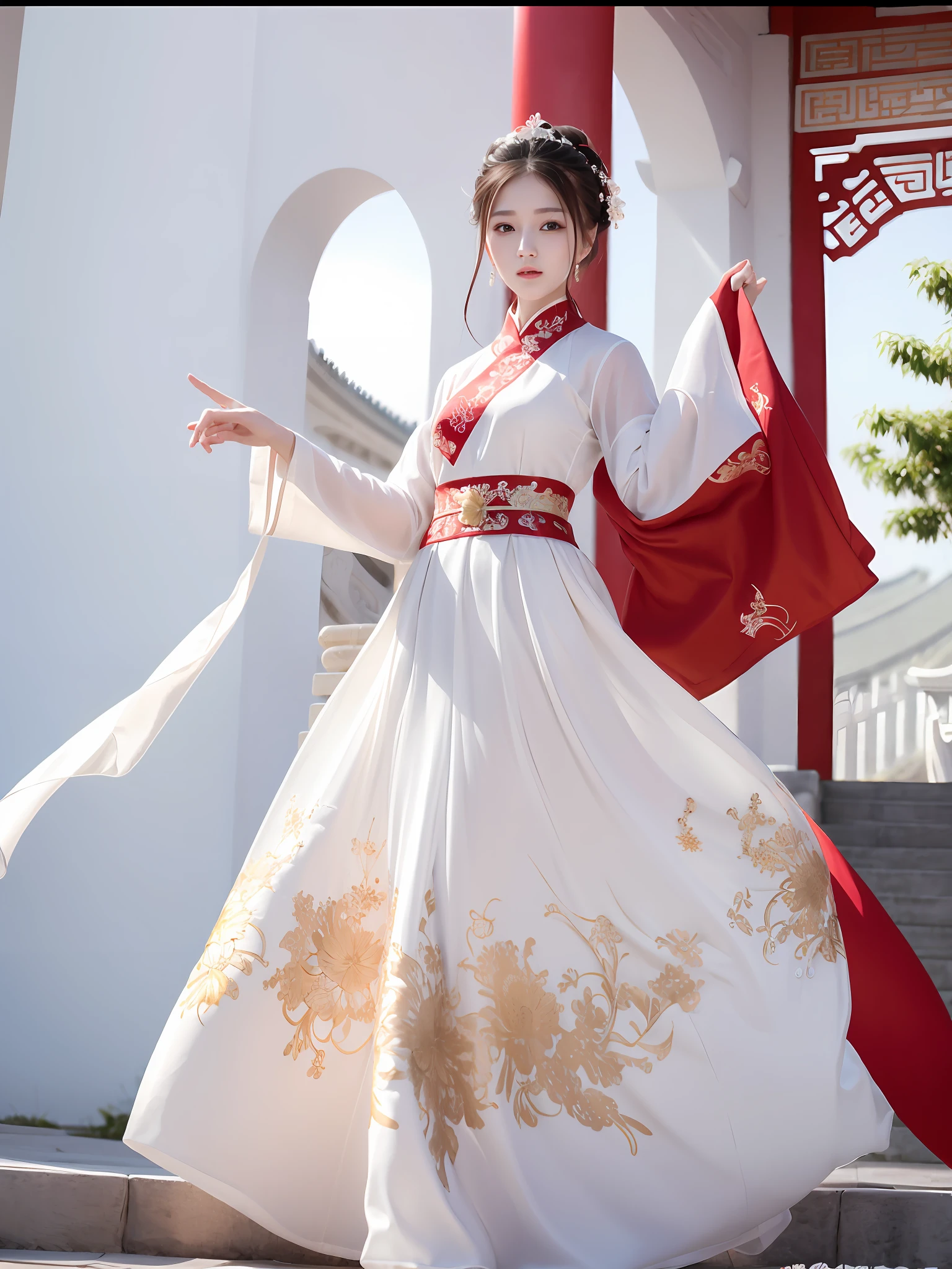 Elegant woman in white dress, model, white hanfu, white royal dress, cheongsam, hanfu, royal royal elegant dress, chinese dress, chinese costume, chinese traditional clothing, red belt, jia, chinese style, elegant and elegant, white fashion clothing, with ancient chinese clothing, elegant dress, ancient white dress, (Chinese classical palace)