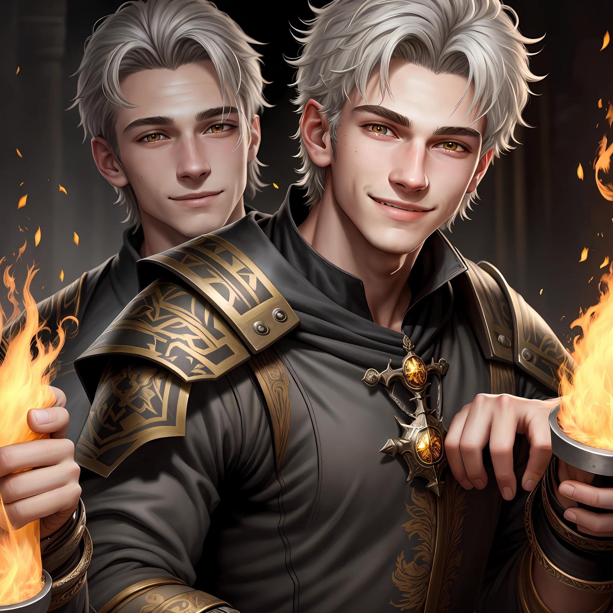 detailing, 4 k, realism, fantasy, portrait, 18-year-old guy, lestile face, big gray-yellow eyes, short ashen hair, smiling, wrinkling his nose, fire burning on his palms,