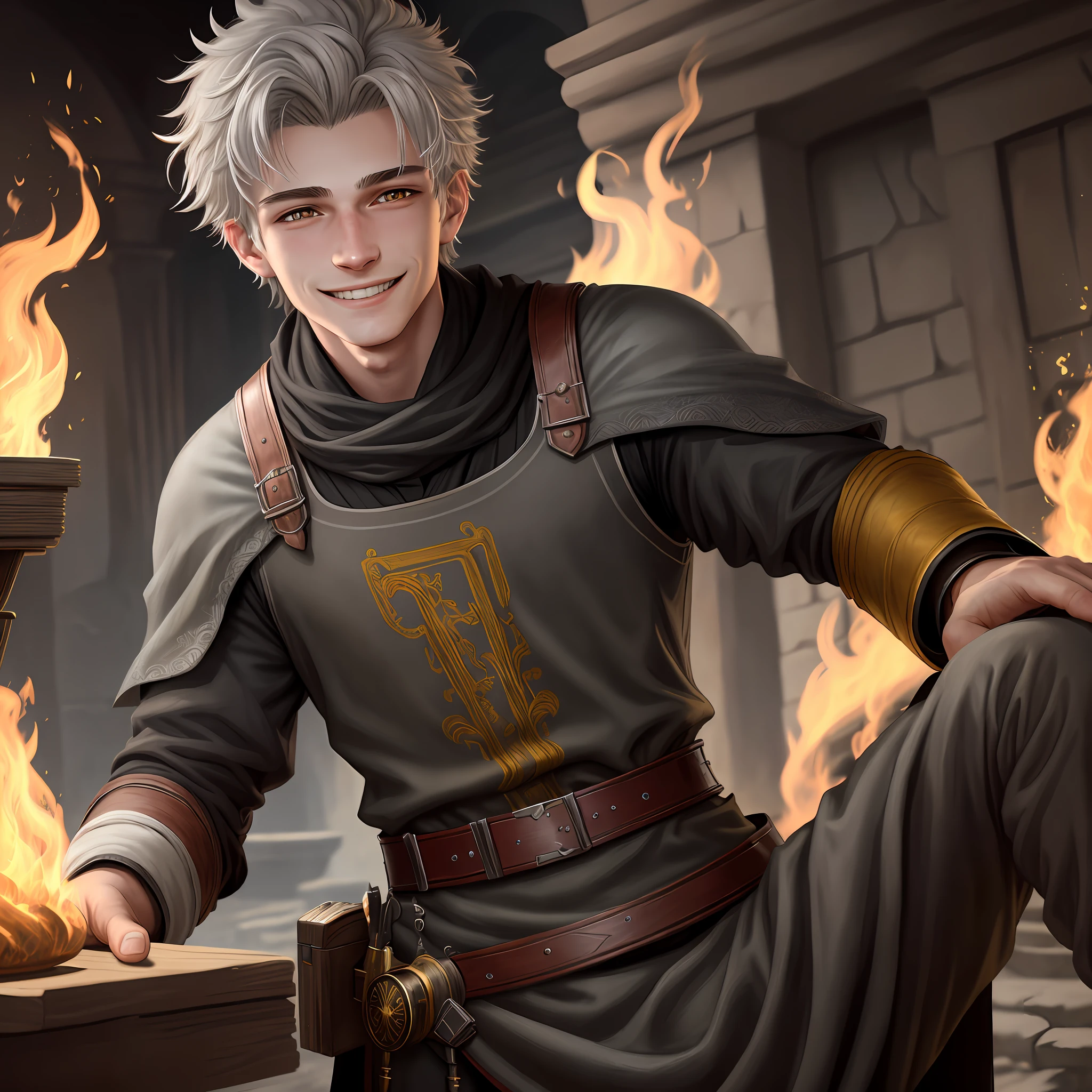 detailing, 4 k, realism, fantasy, portrait, 18-year-old guy, lestile face, big gray-yellow eyes, short ashen hair, smiling, wrinkling his nose, fire burning on his palms,