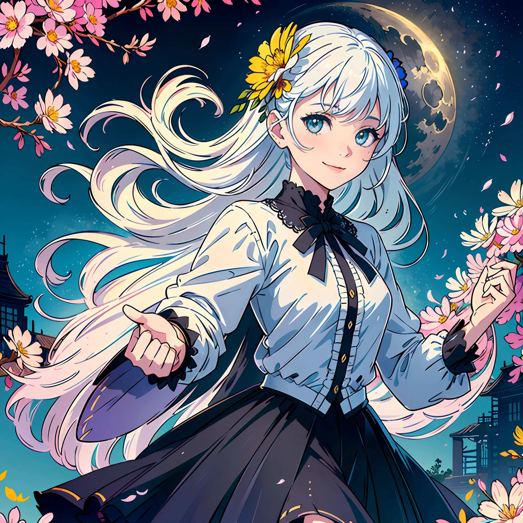 masterpiece, best quality, 1girl, (colorful),(finely detailed beautiful eyes and detailed face),cinematic lighting,bust shot,extremely detailed CG unity 8k wallpaper,white hair,solo,smile,intricate skirt,((flying petal)),(Flowery meadow) sky, cloudy_sky, building, moonlight, moon, night, (dark theme:1.3), light, fantasy,