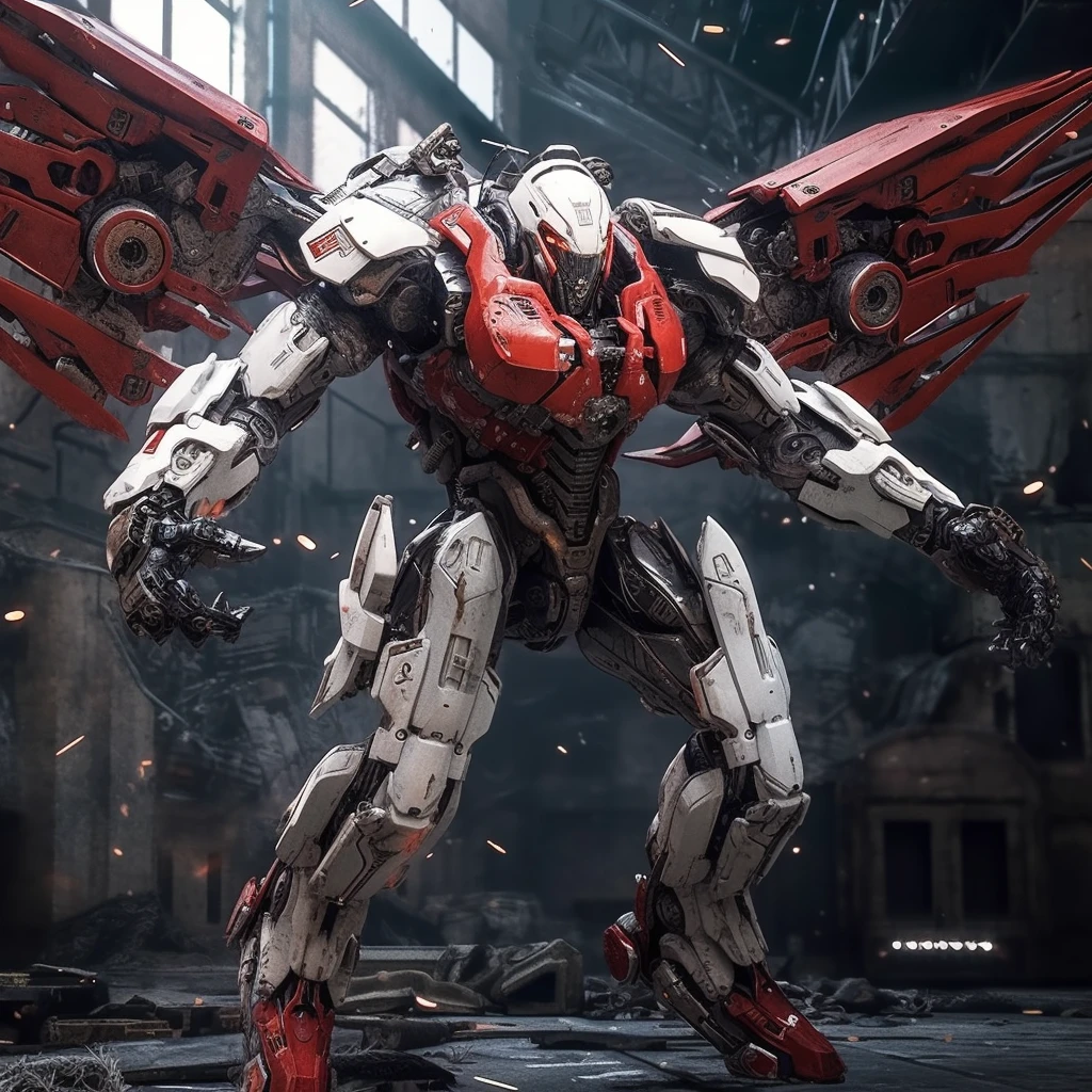 The red and white mech has wings, holds a large gun in his hand, shabby metal skin, cyberpunk background, extreme detail, dark backlight, octane rendering, dark color, 8K, HD--niji 5