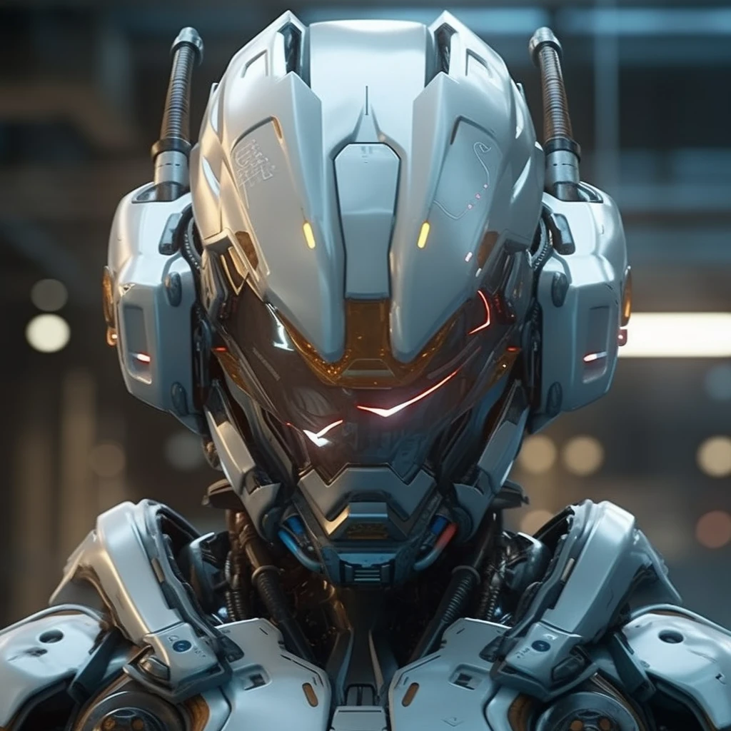 Big close-up mecha head, matte titanium exoskeleton, star war, space, futuristic, matte, right frontal shot, zoomed in center, ultra detailed, 8k, ultra realistic, cinematic atmosphere, unreal engine, octane render--niji 5