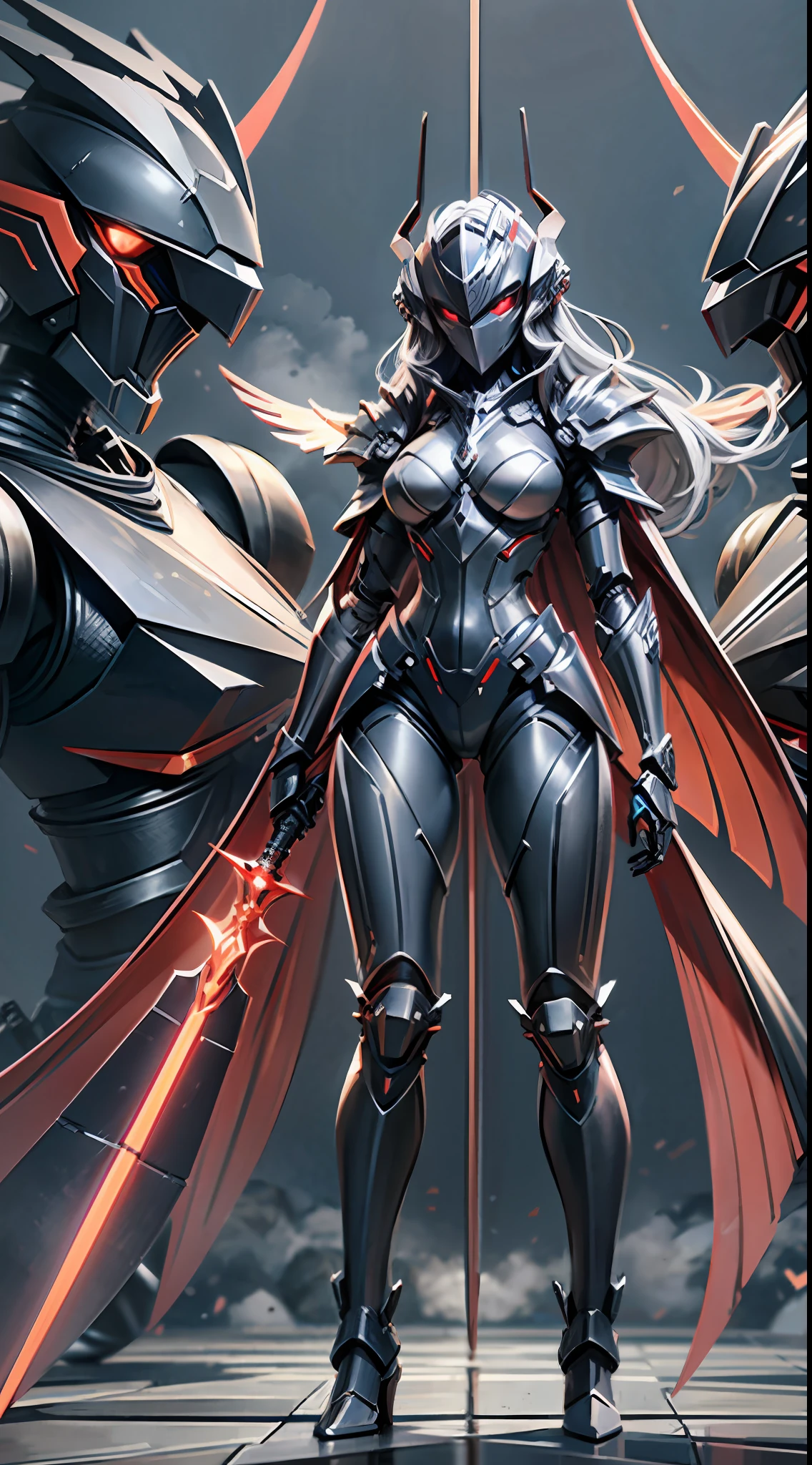 Perfect body proportions, melon face, wearing a black and red cruel Valkyrie mech suit, wearing a glowing mechanical knight sword at the waist, wearing a tattered red knight long cloak unfolded, V-shaped helmet, V-shaped mechanical mask, long white messy hair, red glowing eyes, surrealism, cubist futurism, chiaroscuro, cinematic lighting, ray tracing, character charts, panorama, f/1.8, Sony FE, 8k, Ultra HD, Best quality, High resolution, textured skin