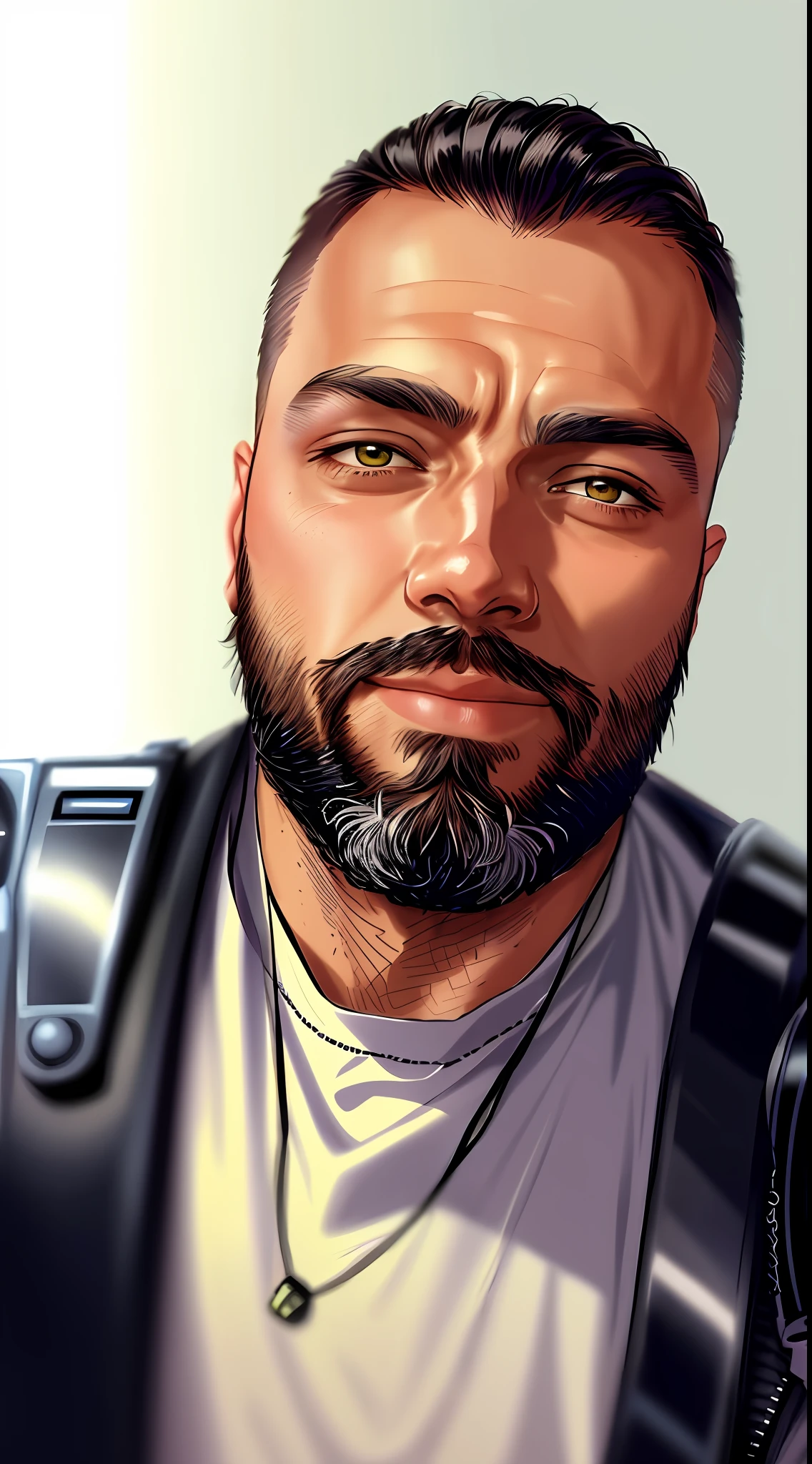 Man with a beard and a cyberpunk armor taking a selfie, with a small beard, natural beard, small beard, short beard, stubble beard, Twitch streamer/gamer Ludwig, professional profile picture, no beard, 8k portrait shot, 8k selfie photography, high quality portrait, stubble beard, full beard, light stubble beard, light beard